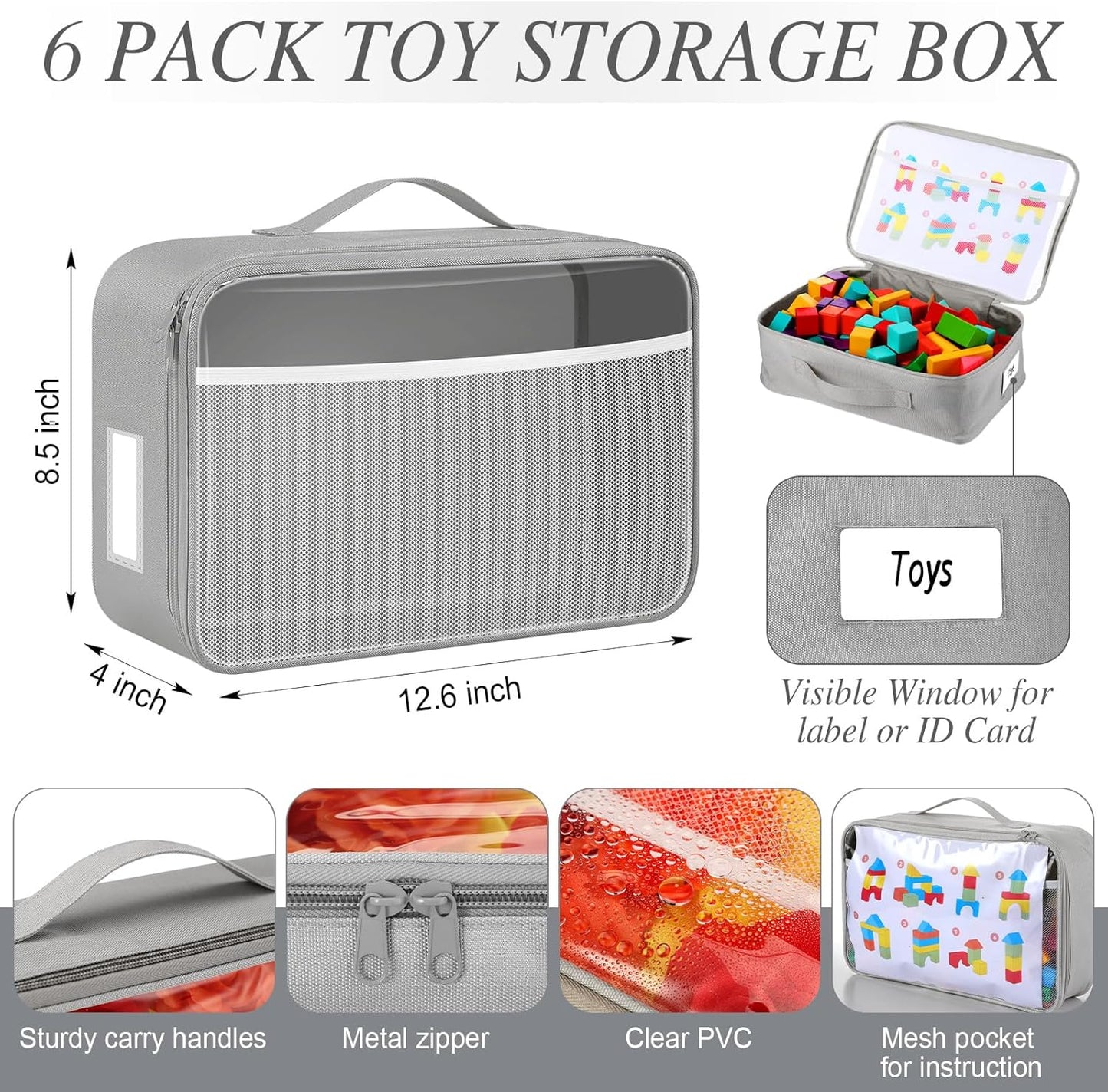 Abbylike 6 Pack Toy Storage Bag Bricks Building Set Car Toy Organization Bags for Traveling Carrying Case, Storage Organizer Puzzles(Gray)