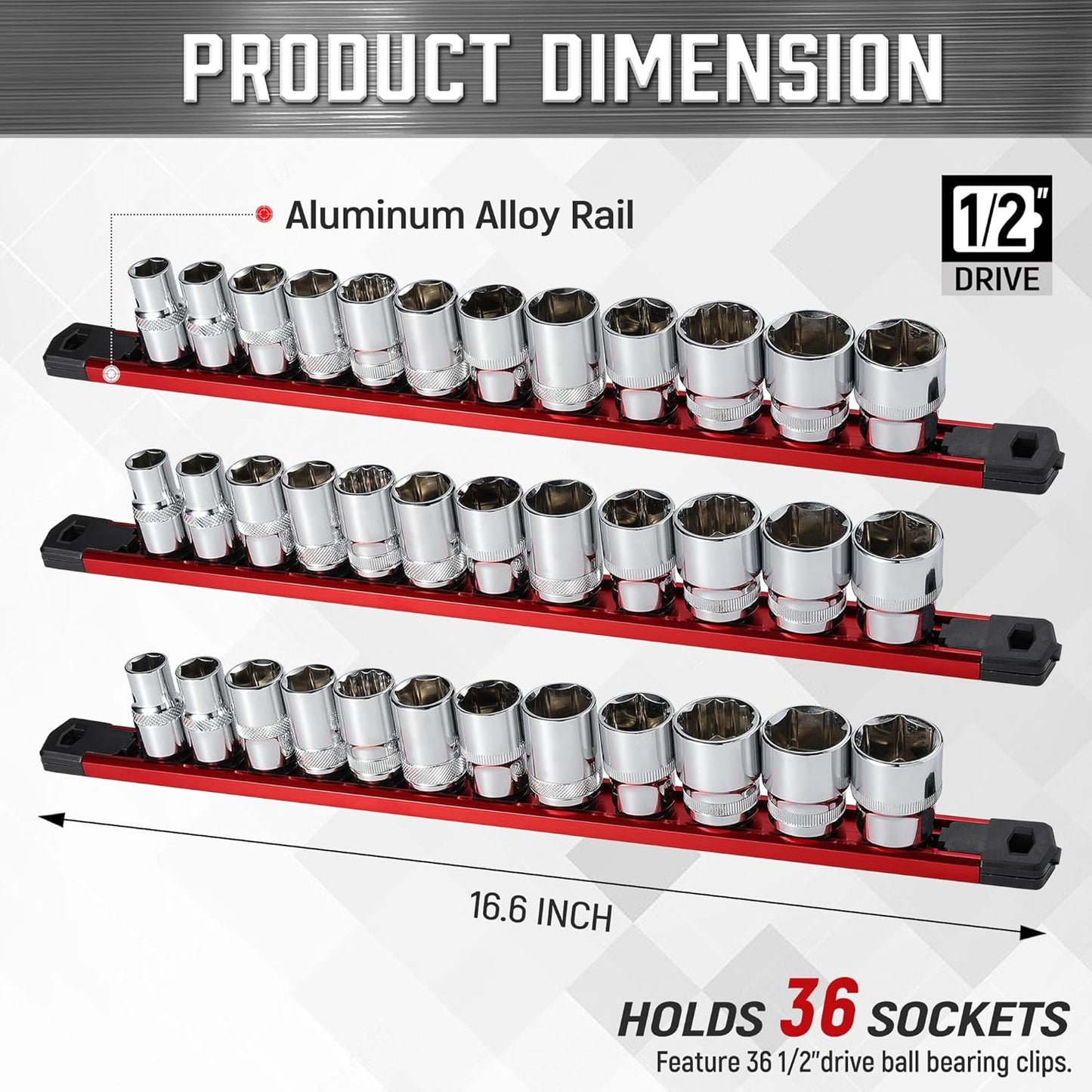 ALOANES 3-Piece Magnetic Socket Organizer, Heavy Duty Aluminum Socket Rails Organizer, 360° Swivel Clips Socket Holder Kit for Tool Box, 1/2-Inch Socket Holder x 36 Clips (Red)
