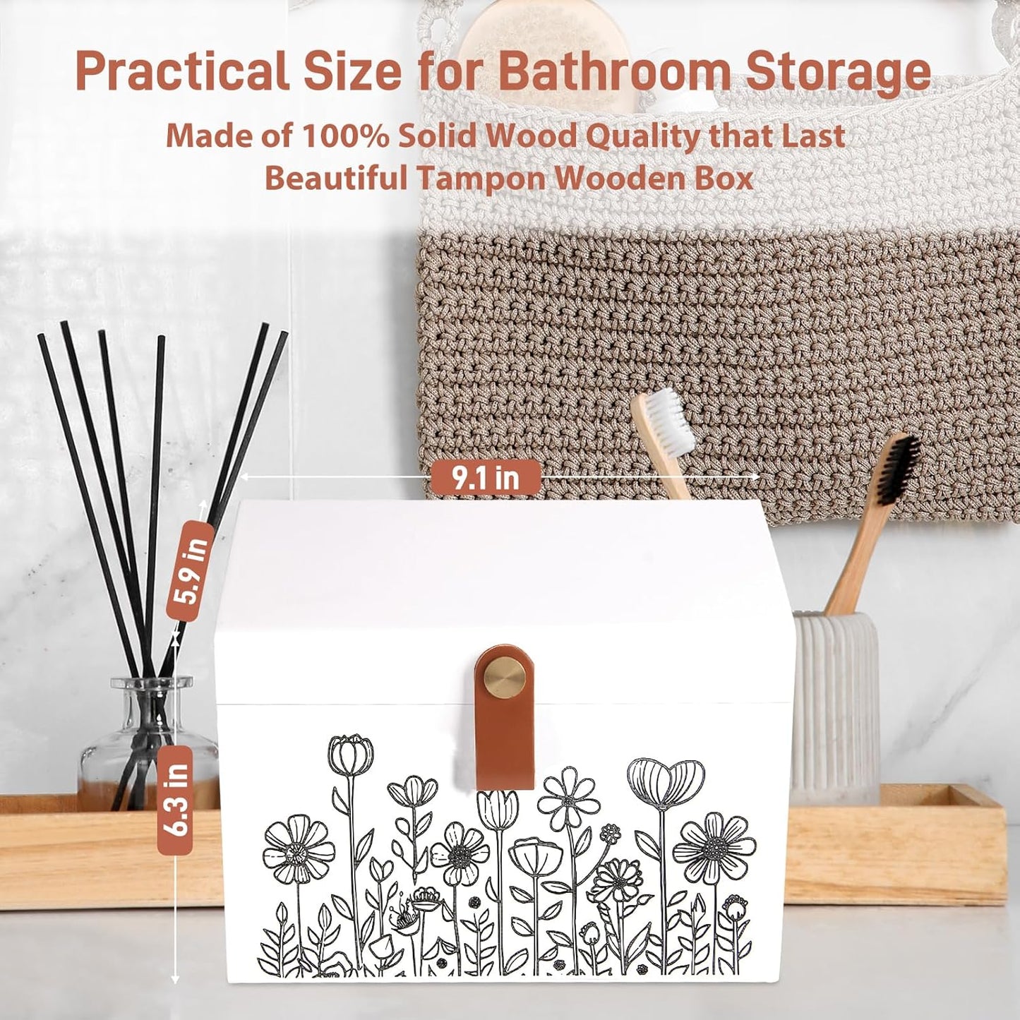100% Solid Wood Tampon Holder Box with Lid, Copper Leather Pull, Absolute Real Wood Bathroom Decorative Box for Feminine Product Storage and Accessories such as Tampons, Cotton Balls, Gifts for Women