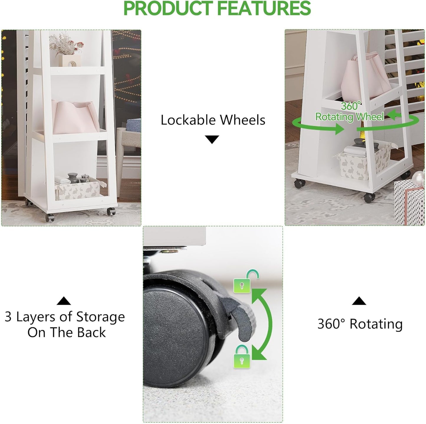 HNEBC 360° Swivel Mirrored Jewelry Armoire with 6 LEDS, Full Length Mirror with Jewelry Storage, Lockable Floor Standing Mirror with 4 Lockable Wheels for Cloakroom, Bedroom(White)