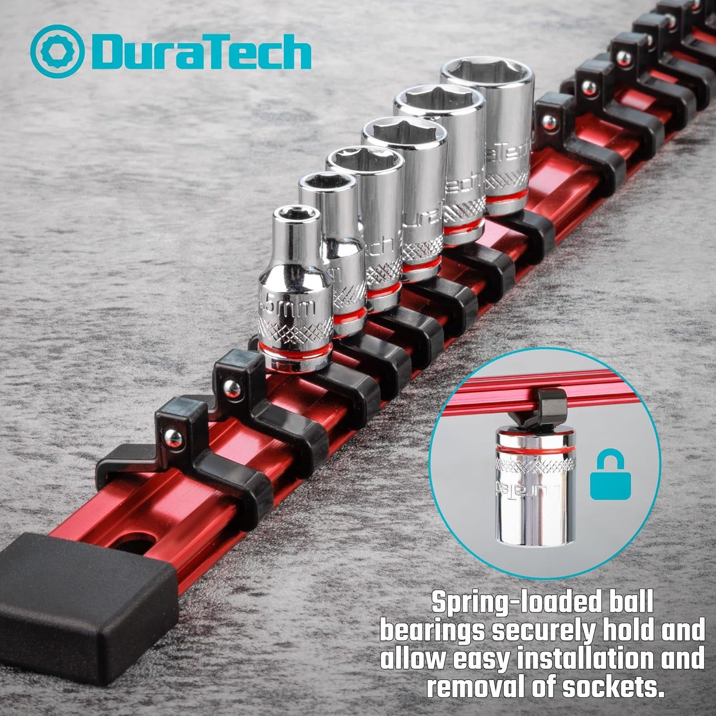 DURATECH Socket Organizer, 1/4-Inch Aluminum Alloy Socket Holder, Heavy Duty Socket Rail Hold 24 Sockets