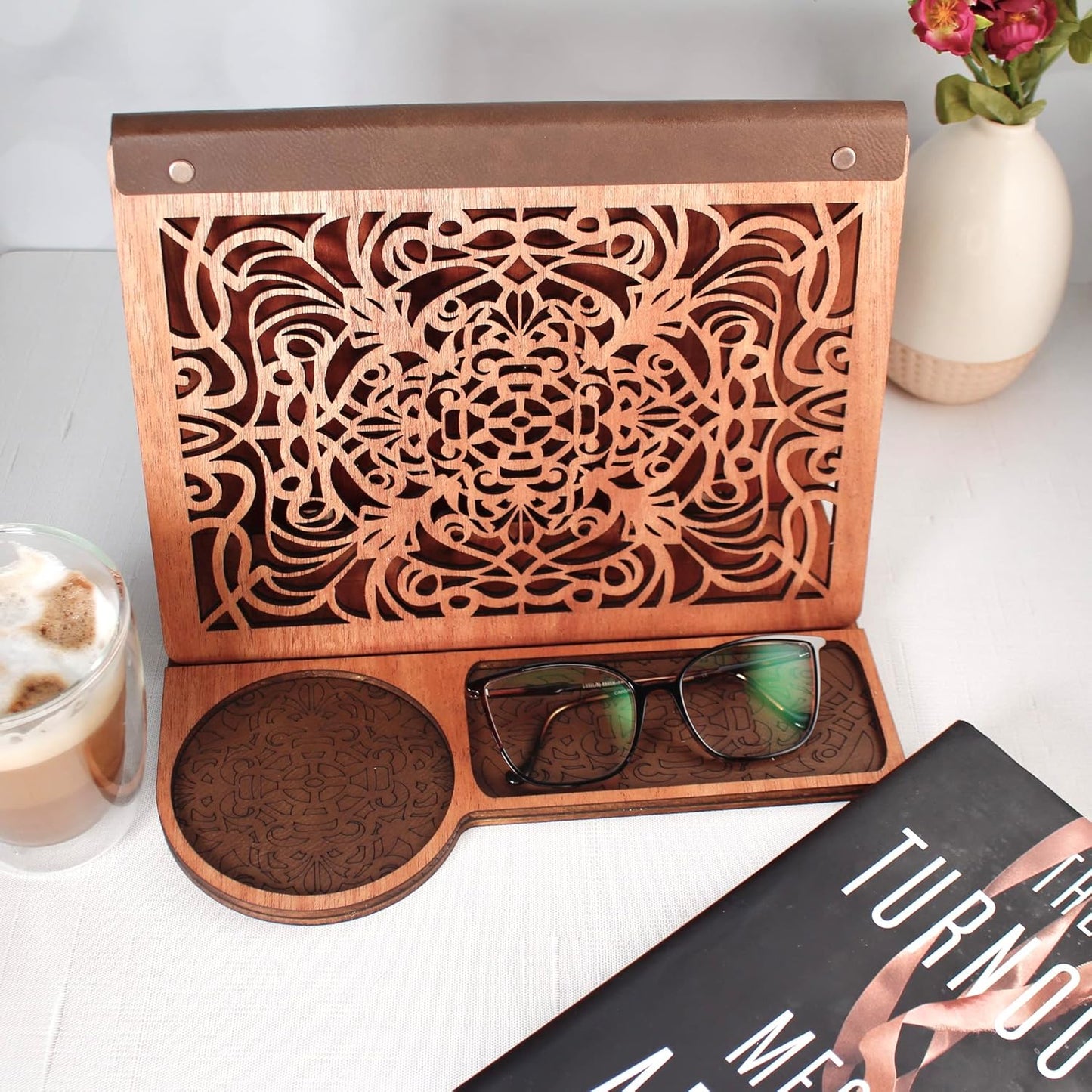Book Nook Reading Valet Stand with Coffee Cup Mug Glasses Cell Phone Holder, Wood Triangle Book Rest and Page Saver for Bedside Nightstand, Gift Idea for Book Lovers, Handmade Wooden Book Accessories
