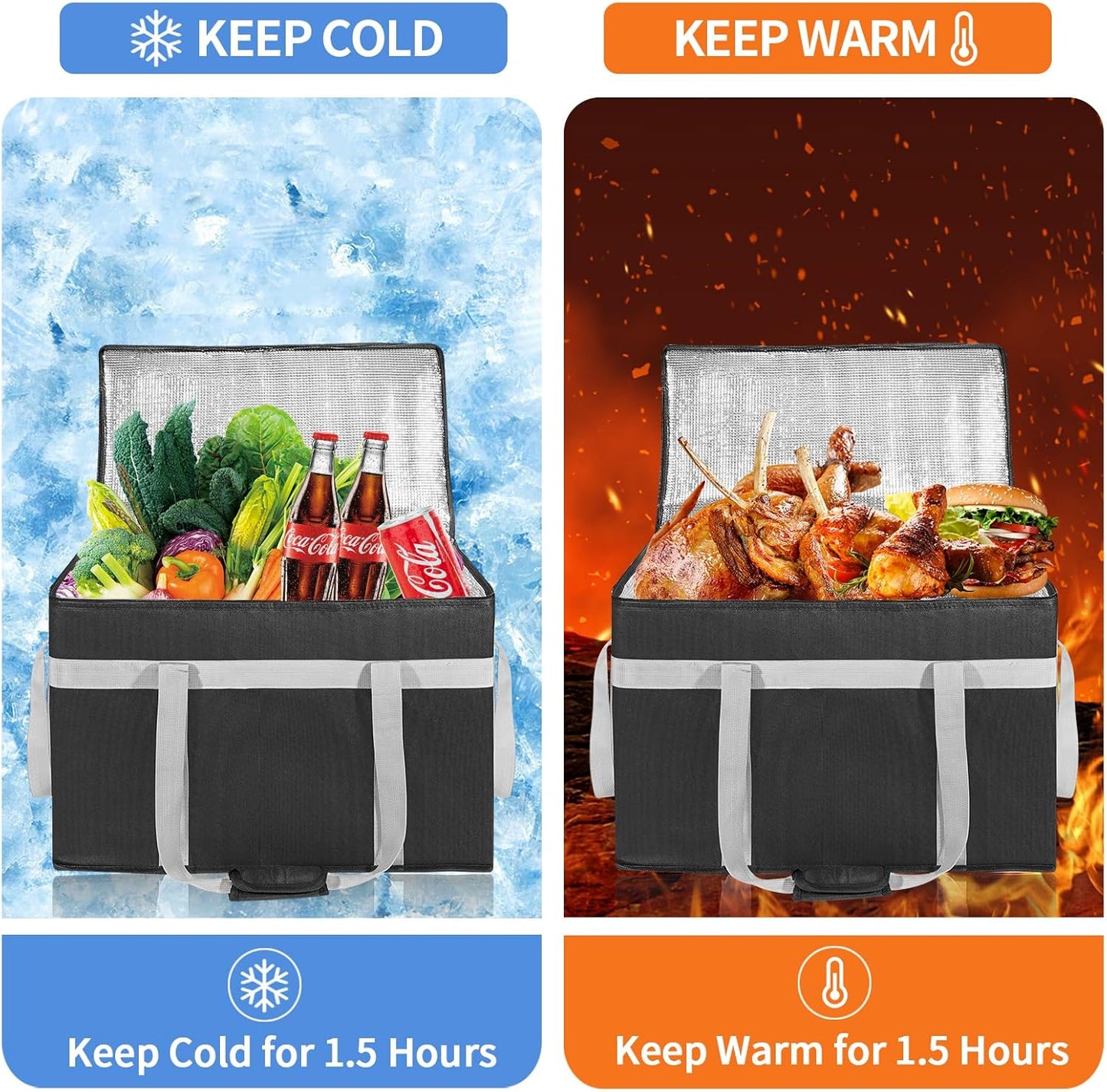 XXXL Insulated Food Delivery Bag with Removable Hard Bottom, Reusable Insulated Grocery Bag for Hot and Cold Food, Catering Cooler for Doordash, Warmers, Parties (Black,1 Pack)