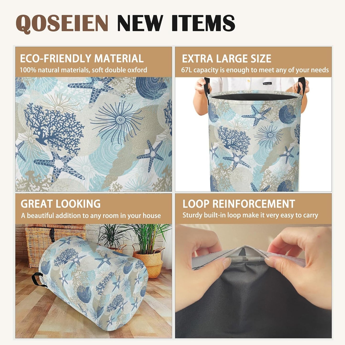 Large Laundry Basket,Corals Seashells Collapsible Laundry Baskets,Cute Algae Waterproof Oxford Hamper with Handles for Bathroom Bedroom Nursery Home Storage 16"x20"