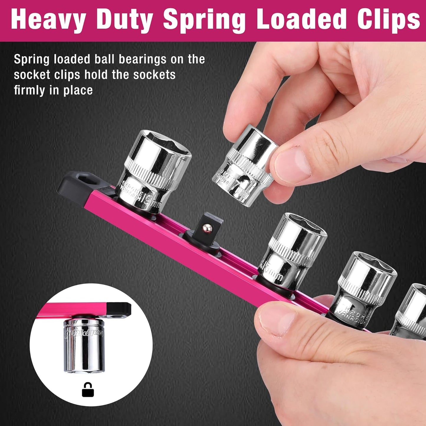 WORKPRO Magnetic Socket Organizer, 3/8-Inch Drive Aluminum Alloy Socket Rail, Heavy Duty Socket Holder, Socket Rack Kit 3/8-Inch x 10 Clips Rose Red (Socket not Included)