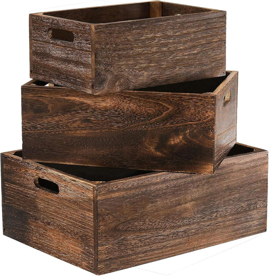 Set of 3 Wood Crate Box, Wood Nesting Storage Crates with Handle, Rustic Decorative Farmhouse Wooden Crates, Handmade Natural Solid Wooden Box for Closet Shelf and Kitchen Storage