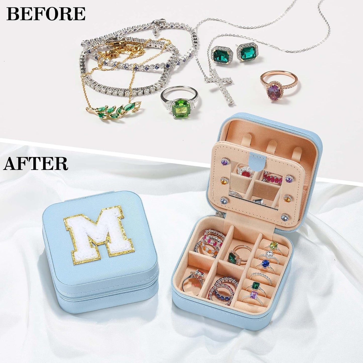Parima Women's Jewelry Organizer | Necklace, Earring, Ring Organizer | Sky Blue, Letter V Travel Gift