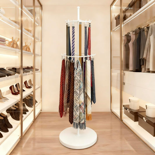 White Belt Display Scarf &Ties Rack Stand, 360° Rotation Floor Mounted Belt Hanger, Metal Men Closet Belt Organizer Holder Jewelry Necklaces Purse Hanger Shelf for Clothing Store Retail & Home