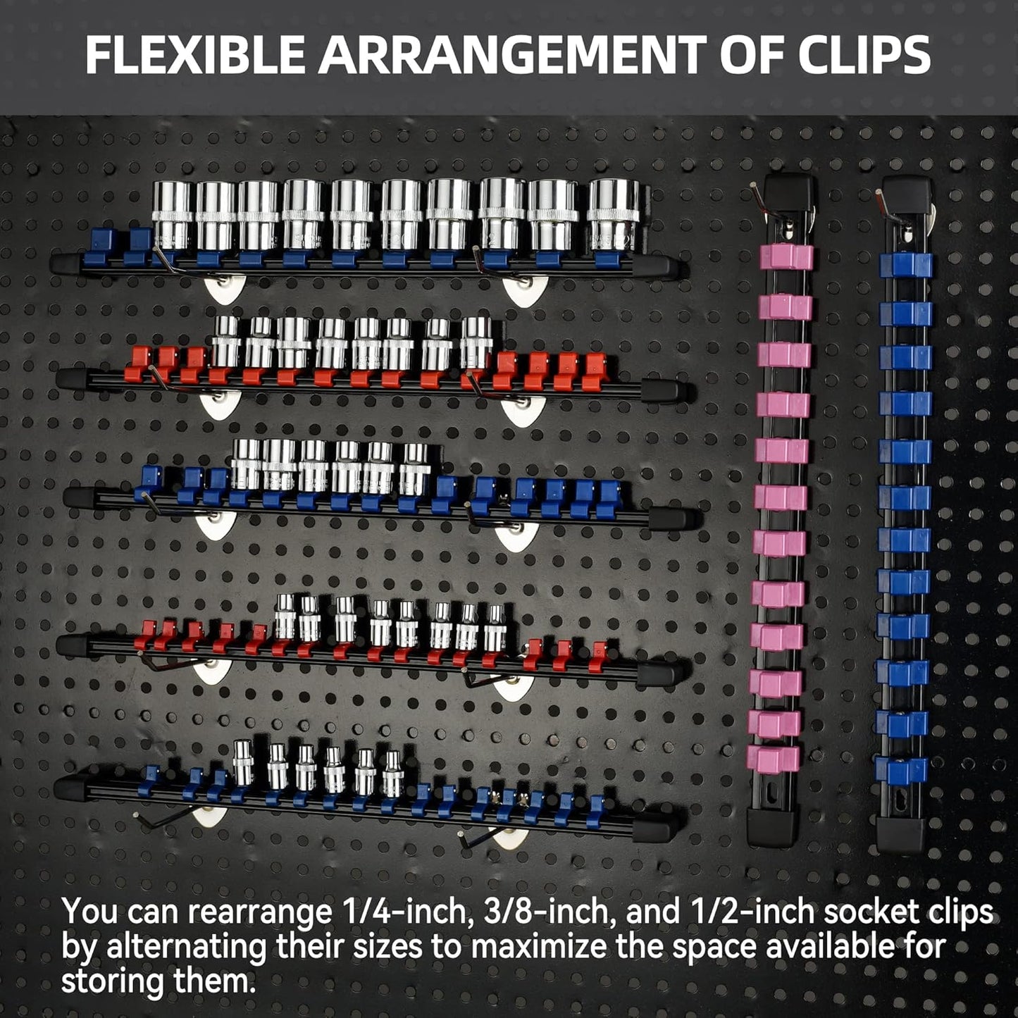 Socket Organizer Drive ABS Tools - Pink Socket Holder, Premium Quality 9 Pieces Socket Holders Kit 1/4-Inch x 48 Clips, 3/8-Inch x 45 Clips, 1/2-Inch x 36 Clips