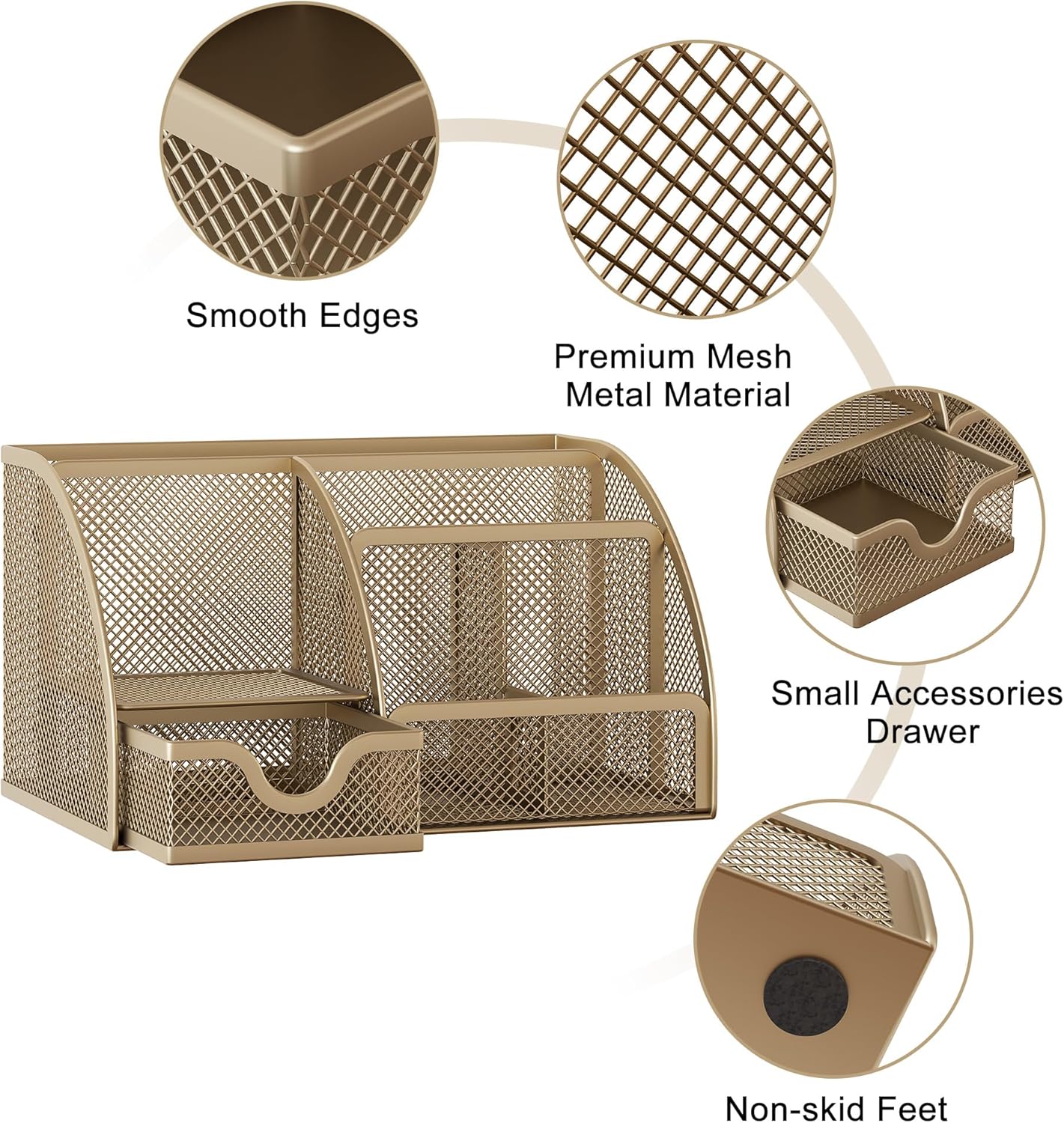 EasyPAG Mesh Desk Organizer with Drawer Multi-functional Pen Holder Stationery Organizer for Office School Supplies 6 Compartments Dorm Organizers and Storage for Desk, Gold