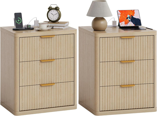 Fluted Nightstand Set of 2 with Charging Station, Bedside Table with 3 Drawers Storage Space, Metal Handles and Rounded Corners for Safety, Mid Century Modern End Table, for Bedroom, Living Room