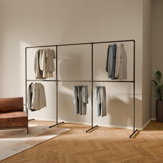 pamo Industrial Design garment rack - LAS 3 Black - freestanding Coat Rack for Walk-In Wardrobe Wall I Clothes Rack Made of Black Sturdy Pipes freestanding from Water Pipe