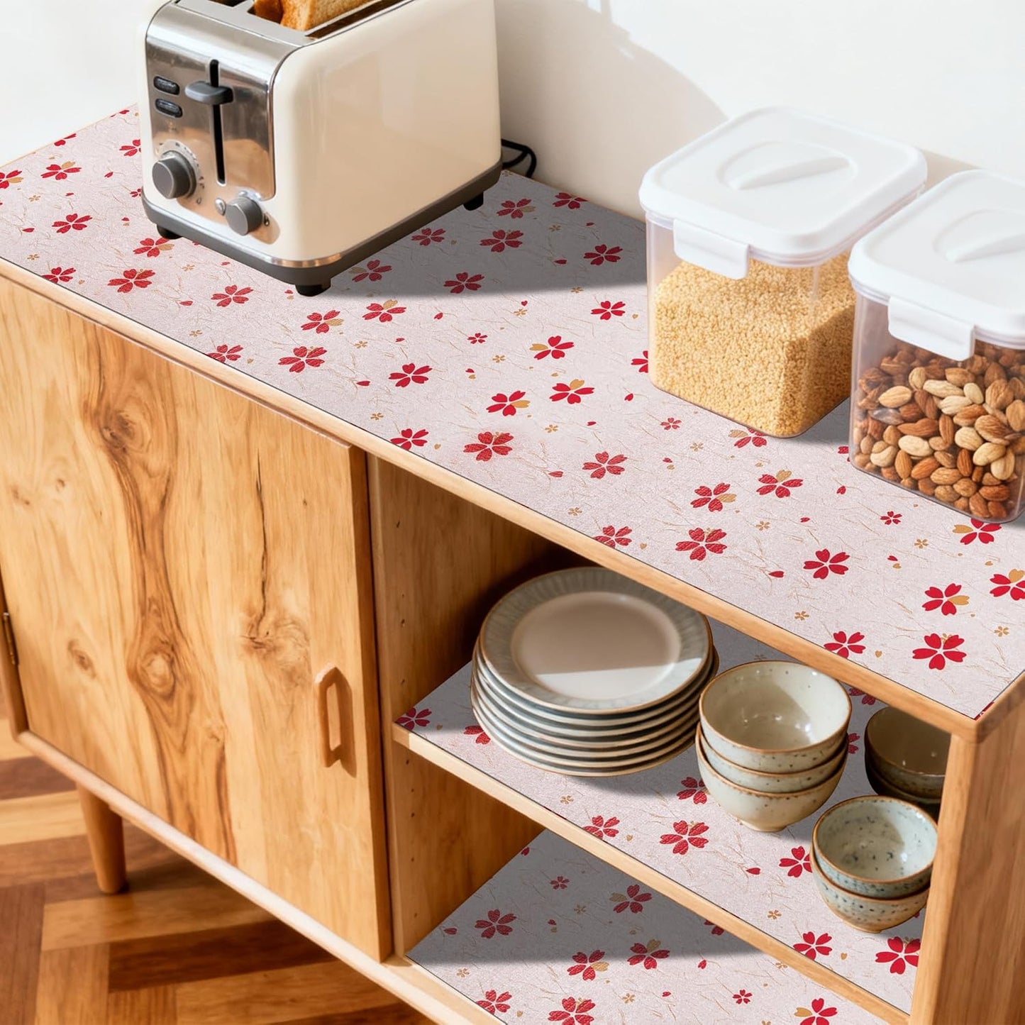 FIFTY FEET 12"x120" Non-Adhesive Shelf Liner for Kitchen Cabinets and Drawers, Washable Non-Slip PVC Cabinet Liner (Red Floral)(1 Roll)