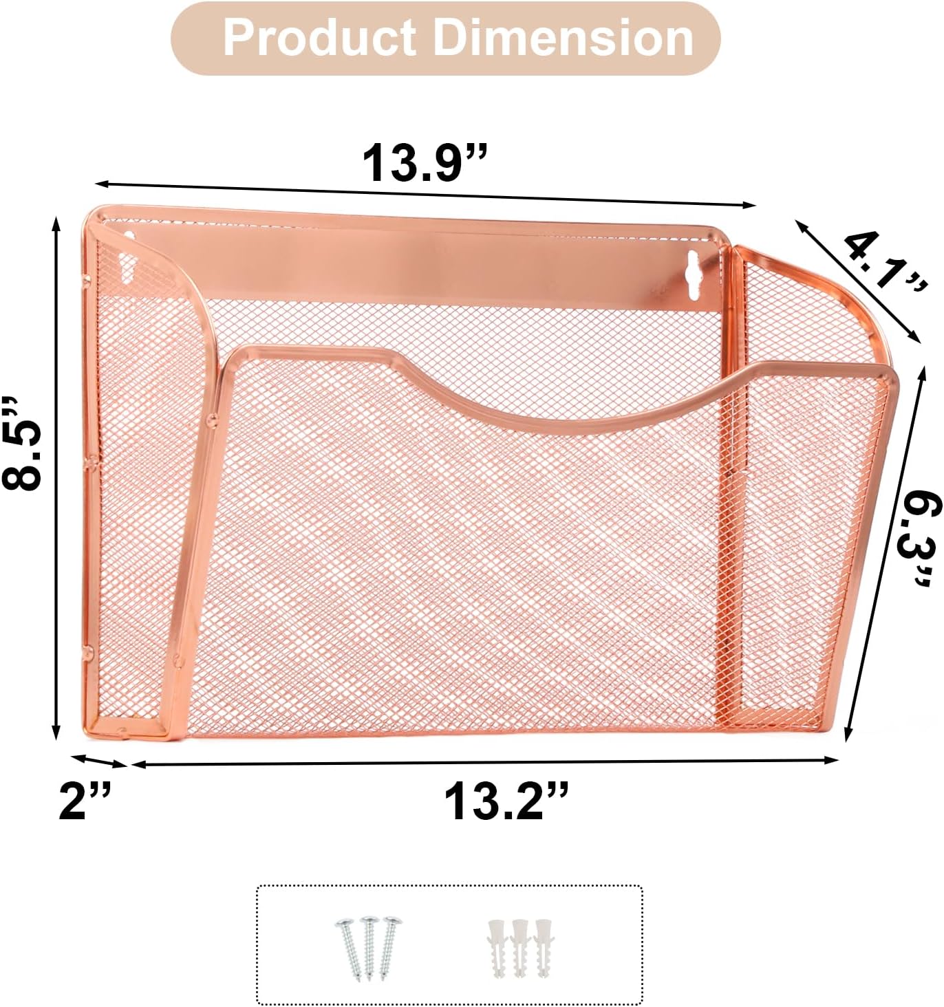 EASEPRES 3 Single Pocket Mesh Hanging File Organizer, Vertical Wall Mounted Magazine File Holder, Mount Basket Mail Paper Document Folder Organizing for Office, Home and School, Rose Gold
