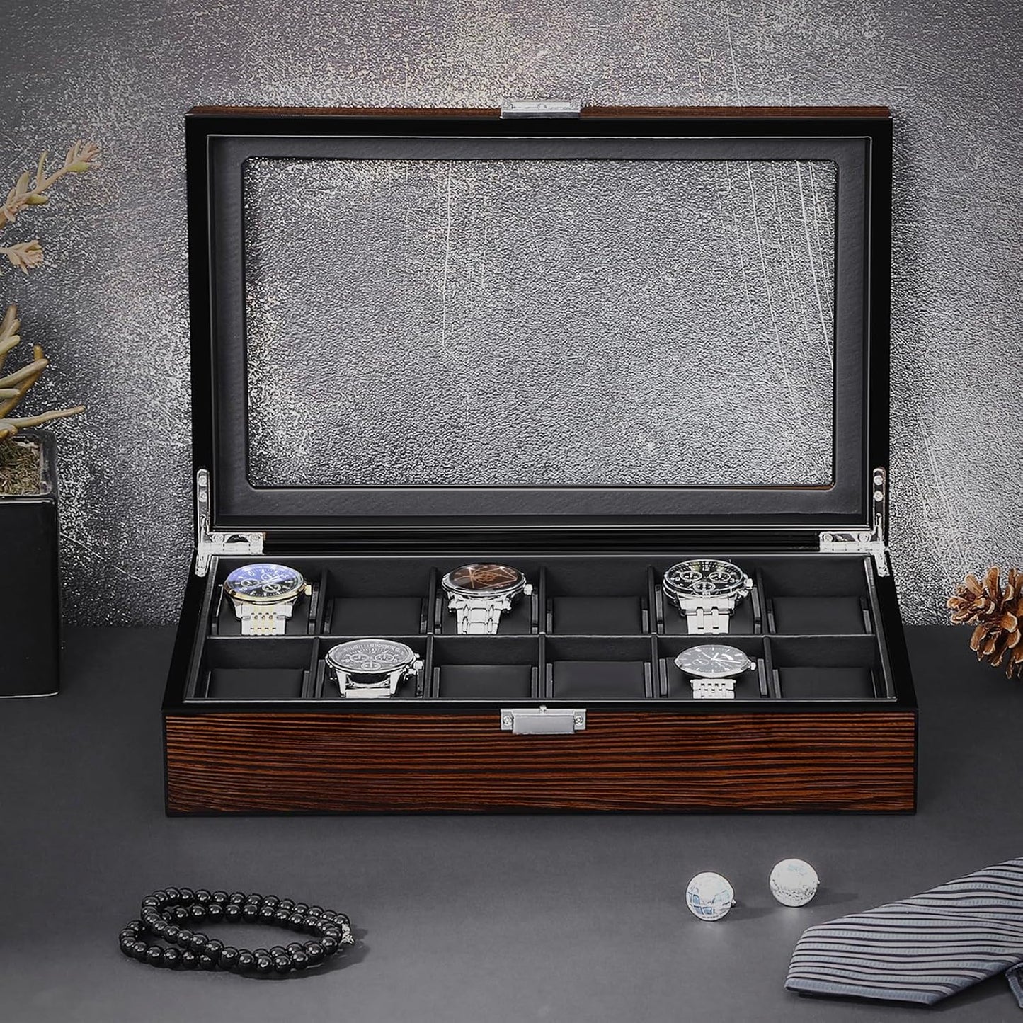 BEWISHOME Watch Case, 12-Slot Watch Box with Large Glass Lid, Wooden Watch Box Organizer for Men, Watch Storage with Removable Watch Pillows, Synthetic Leather Interior, Brown SSH12Y