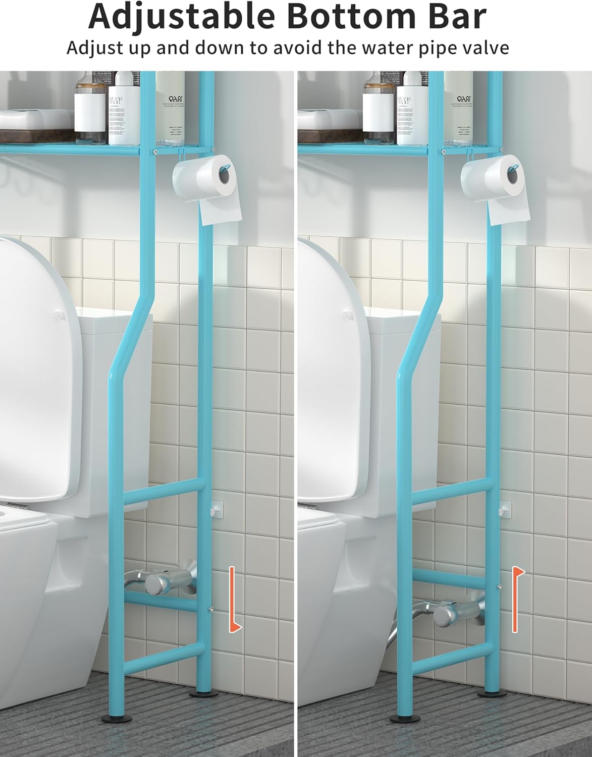 3-Tier Over The Toilet Storage, Freestanding Metal Bathroom Shelves with 4 Hooks, Over Toilet Storage Shelf with Paper Holder, Above The Toilet Shelf for Bathroom Storage, Blue
