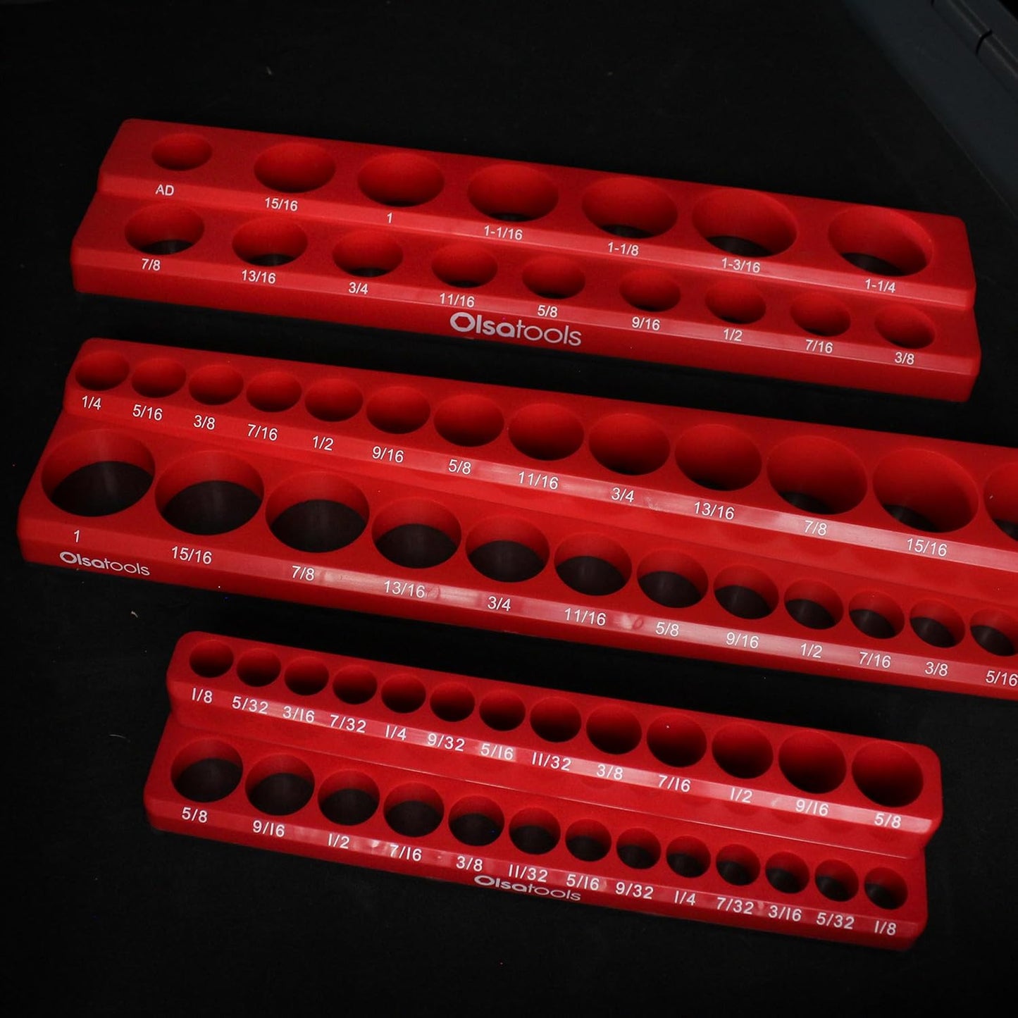 Olsa Tools Magnetic Socket Organizers | 3 Piece Set Socket Holder Kit | 1/2-Inch, 3/8-Inch, & 1/4-Inch Drive | SAE Red | Holds 68 Sockets | Professional Quality Tools Organizer Part 1150