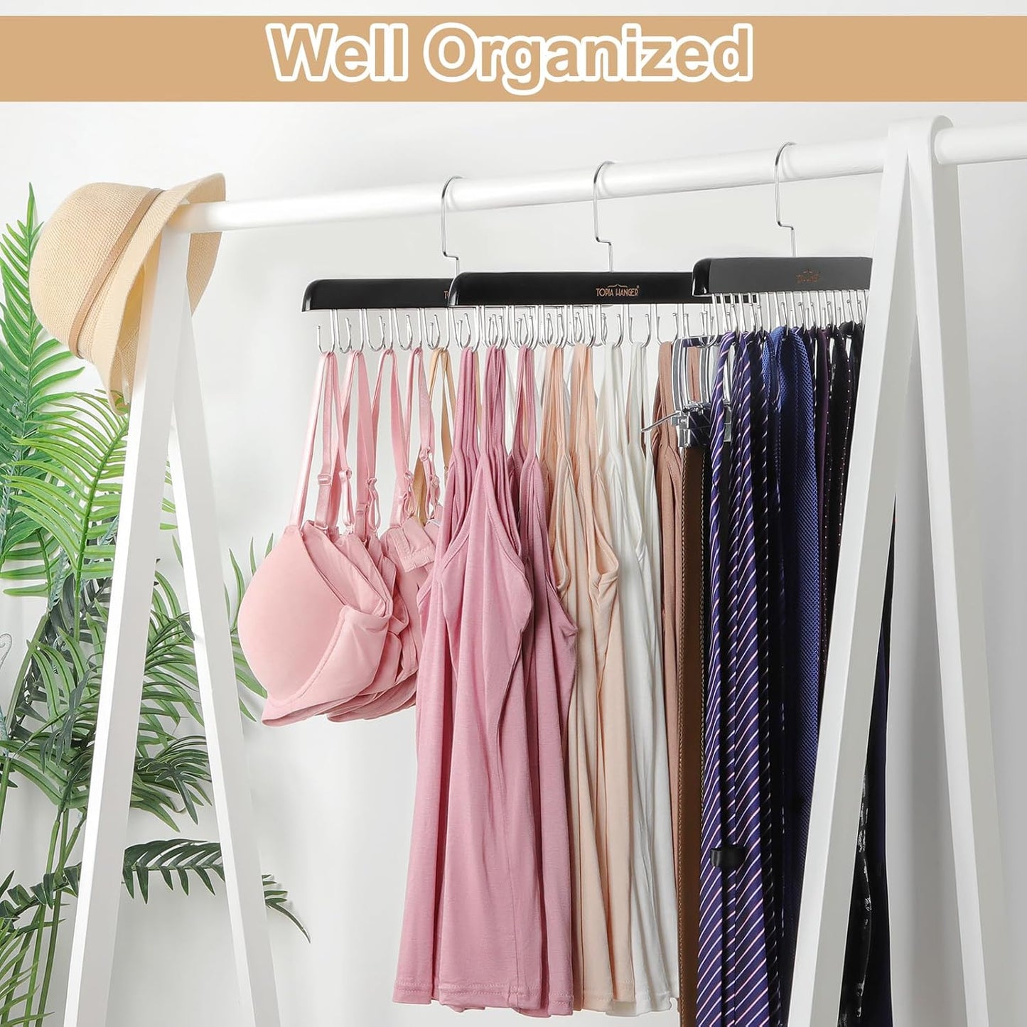 TOPIA HANGER Bra Hanger for Closet, 2 Pack Tank Top Hangers 40 Hooks Capacity Foldable Wood Space Saving Hangers Closet Organizer for Tank Top, Bra, Scarf, Belt, Tie etc - CT46B-2
