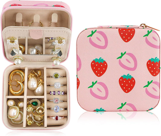 Strawberry Travel Jewelry Case Organizer, Small Jewelry Box For Rings Earrings Necklaces Lipsticks Storage Holder Case,Women Girl Birthday Christmas Gift