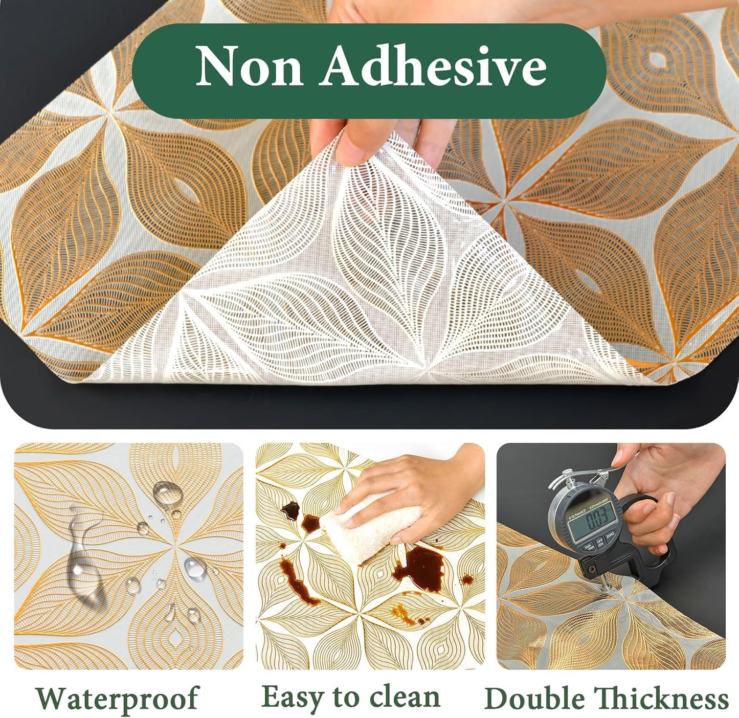 3D Drawer and Shelf Liner for Kitchen Cabinet: 12 in X 20 Ft Waterproof Shelf Paper Non Adhesive Refrigerator Liners Golden Leaf Easy Liners for Bathroom with Knife Tape Measure