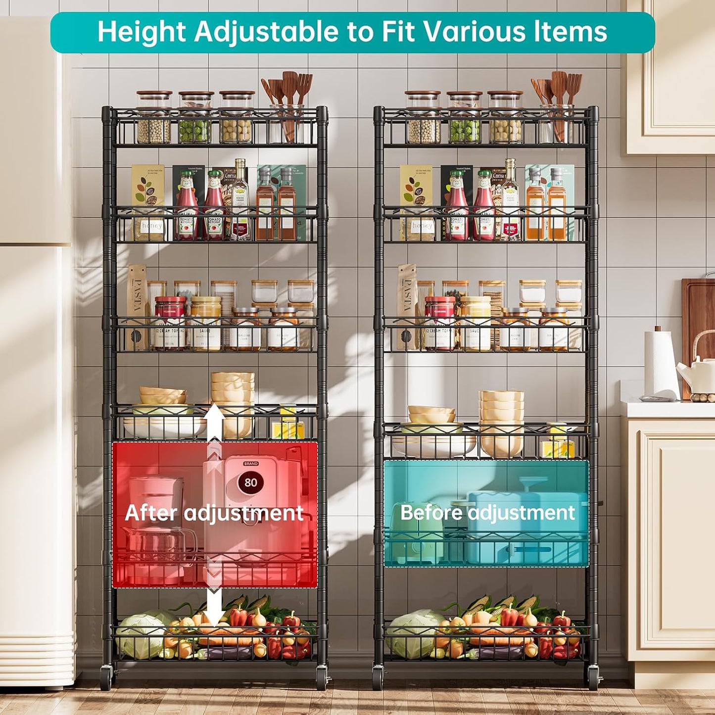 SINGAYE 6 Tier Basket Shelf Wire Shelving Unit Adjustable Storage Shelves Big Basket Rack for Garage Kitchen Office Pantry Corner 17" Dx12 Wx63 H Black