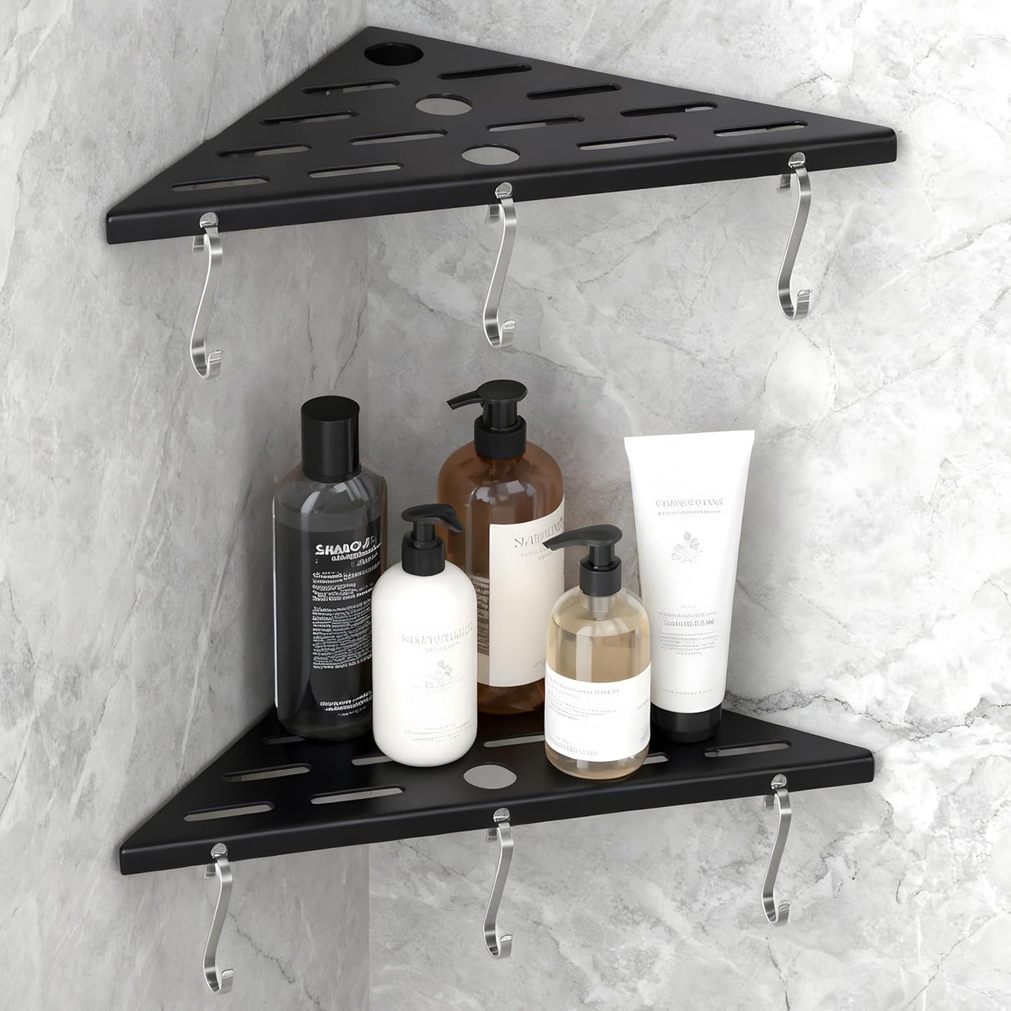 Shower Corner Shelf 304 Stainless Steel Shower Caddy 2 Tier Shower Organizer Niche Extra 6 Hangers Shelves 40 lbs Large Capacity Bathroom Storage for Inside Anti-Rust Drilling Installation(Black)