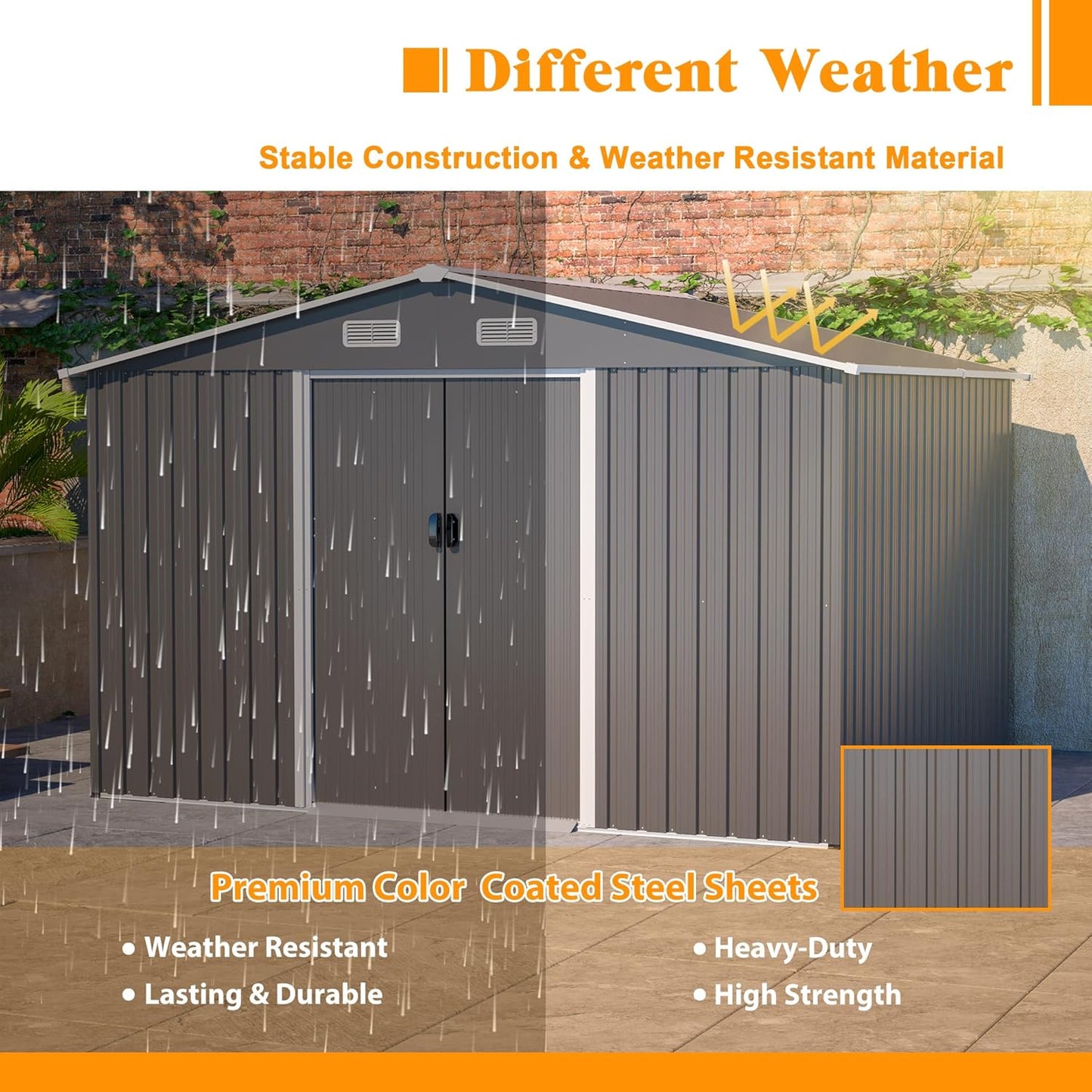Storage Shed 10x8 FT Outdoor Metal Garden Shed with Lockable Sliding Door and Air Vents Galvanized Steel Shed with Air Vents Waterproof Roof Ideal for Backyard Patio Lawn Dark Gray