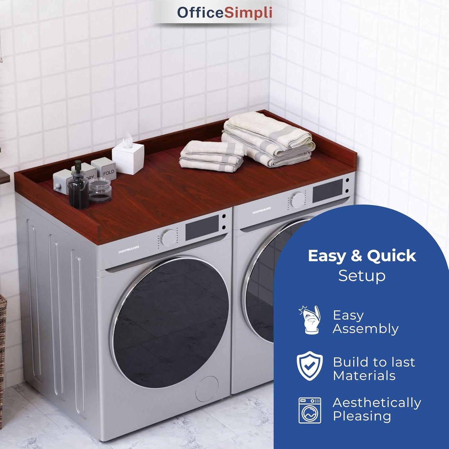 OfficeSimpli Washer Dryer Countertop, Made in USA, Non-Slip Pads, Laundry Room Wood Topper, Washer Dryer Cover for Top, Laundry Countertop, Laminate Finish (Mahogany, Standard (27.5" x 54"))