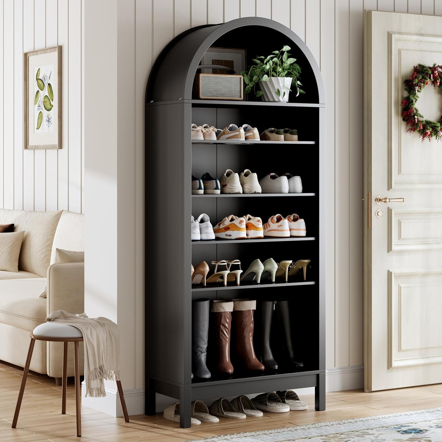 70" Tall Arched Shoe Cabinet, 7-Tier Shoe Rack with 3 Adjustable Shelves, Large Freestanding Shoe Organizer for Entryway, Closet, Hallway, Living Room (Midnight Black)