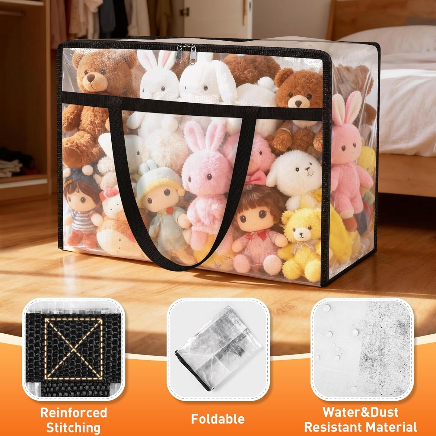 Clear Under Bed Storage Containers - 8 Pack Large Capacity Clothes Storage Bags with Lid & Sturdy Handles, Foldable Moving Bags, Clothing Organizer Totes for Bedding, Comforter, Sheet（60 L）