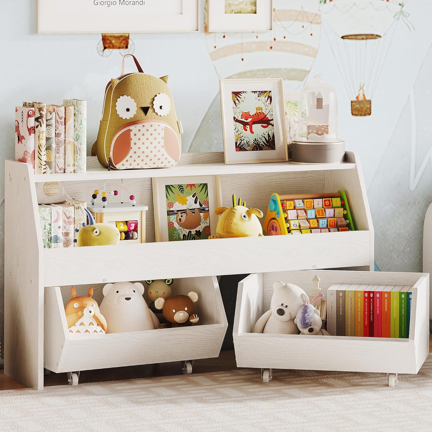 Toy Storage Organizer for Kids, Toy Storage Cabinet with Drawers, Boys and Girls Toy Shelf with Wheels, Toy Organizer Kids Bookshelf with Storage for Nursery, Playroom, Bedroom (White)