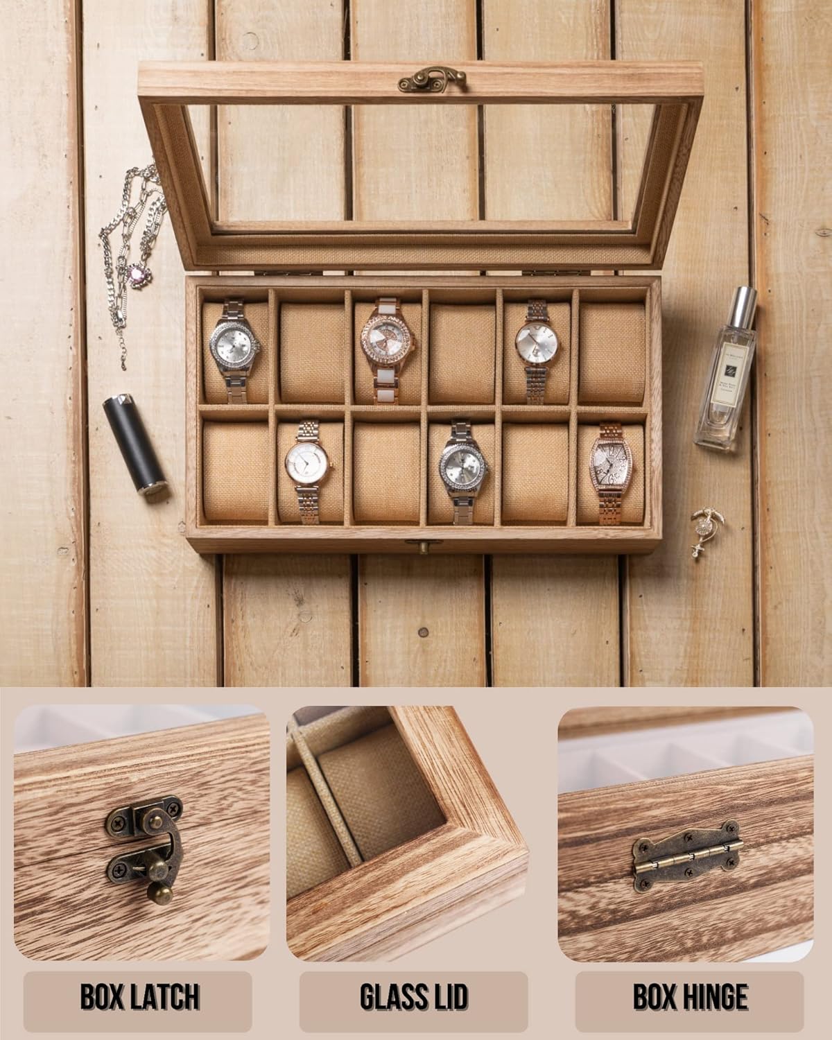 Watch Box, Watch Case for Men Women with Large Glass Lid, Wooden Watch Display Storage Box with 12 - Slots, Weathered Wood Mens Watch Box Organizer