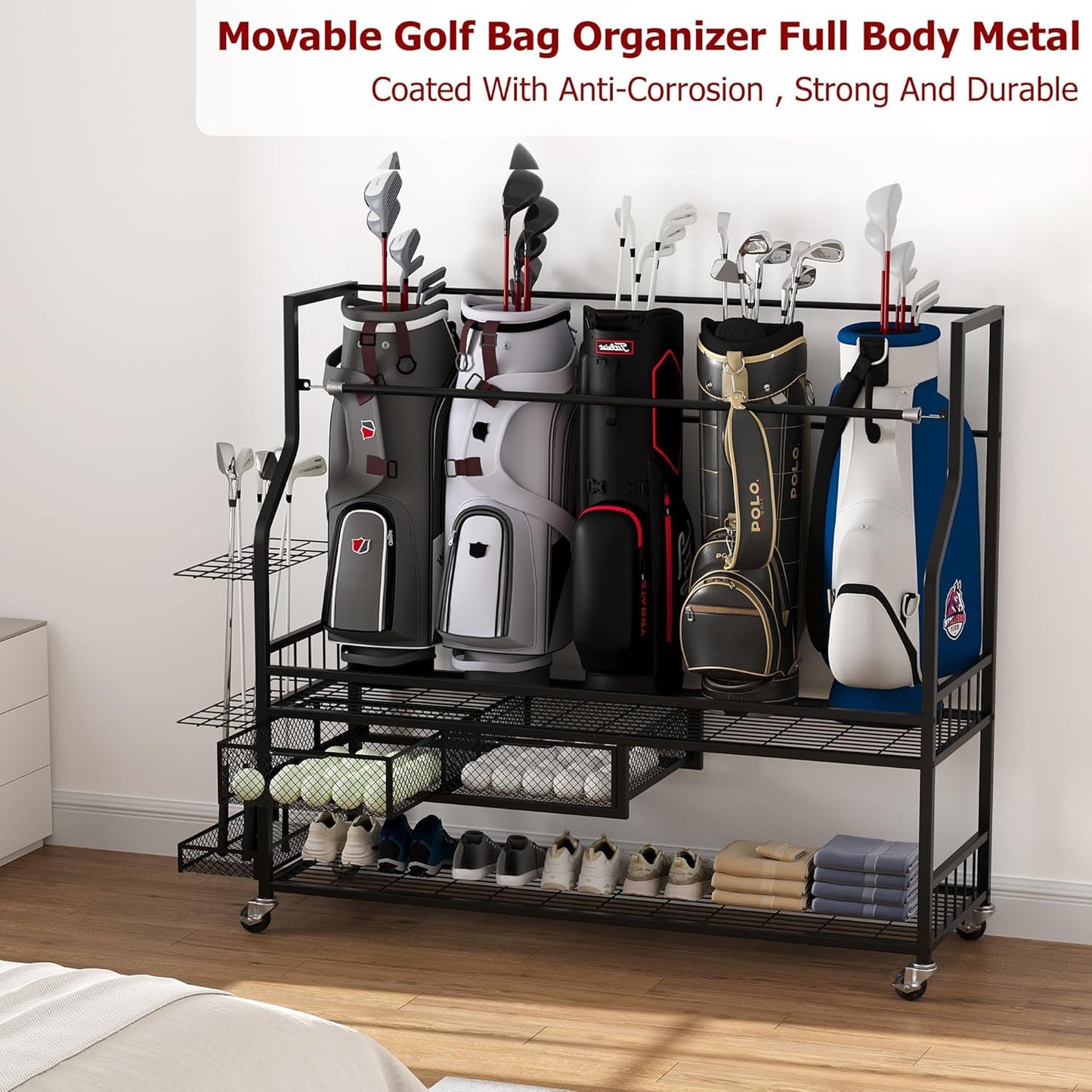 Golf Bag Storage Rack on Wheels, Mobile 5-Bag Organizer with Accessory Drawer for Golf Bag and Equipment Accessories Garage, Home, Basement