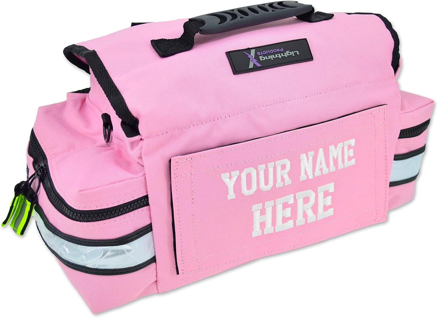 Lightning X Personalized First Responder EMT EMS Trauma Bag w/Stocked First Aid Fill Kit B & Custom Embroidered Name Patch (Pink)