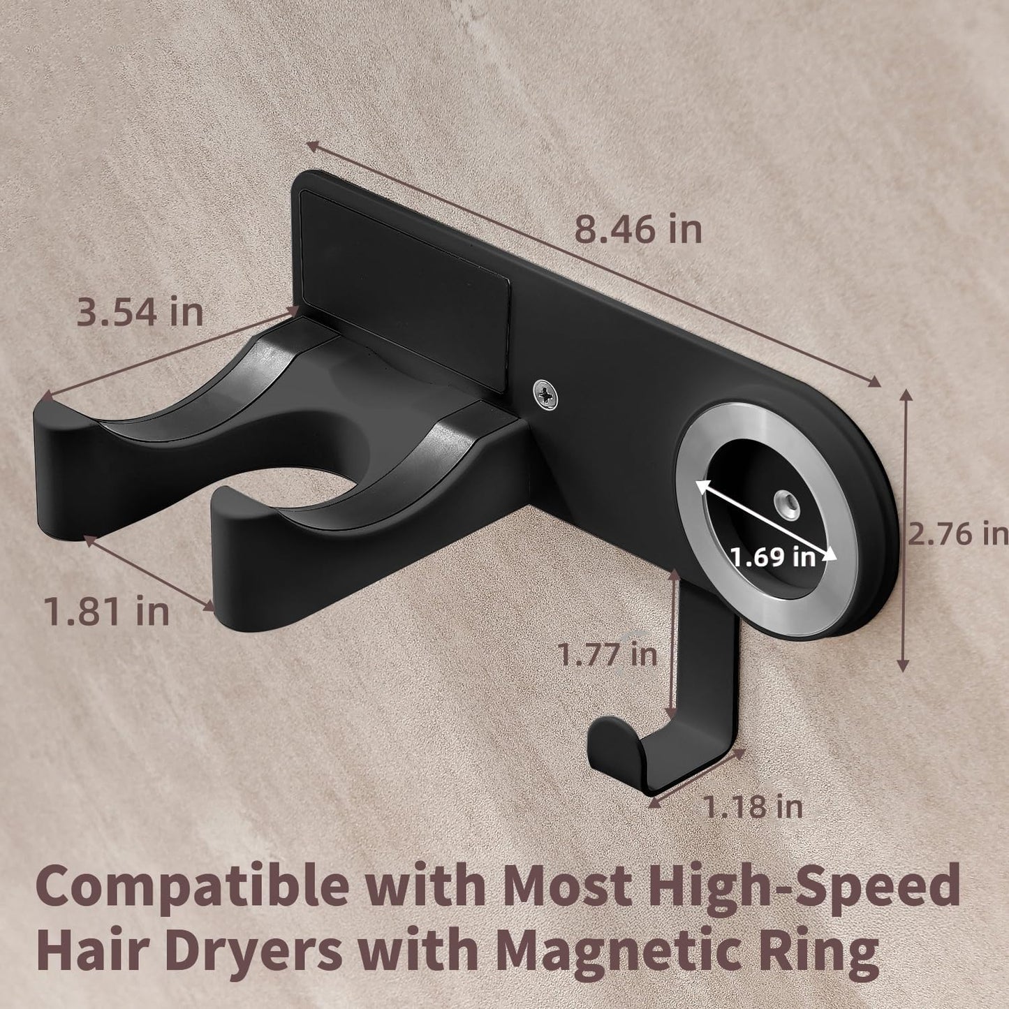 Hairdryer Holder Wall Mounted, Hair Dryer Mount Compatible with Dyson, Magnetic Hair Dryer Hook Adhesive Aluminum Alloy Blow Dryer Wall Mount for Bathroom Black No-Drill/Screw Installation UEMUSI