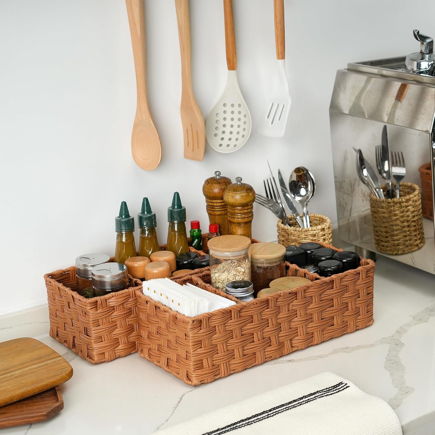 GRANNY SAYS Bathroom Toilet Organizer, Back of Toilet Storage Basket, Waterproof Storage for Shelves, 3 Section Wicker Baskets, Caramel Orange, 2-Pack