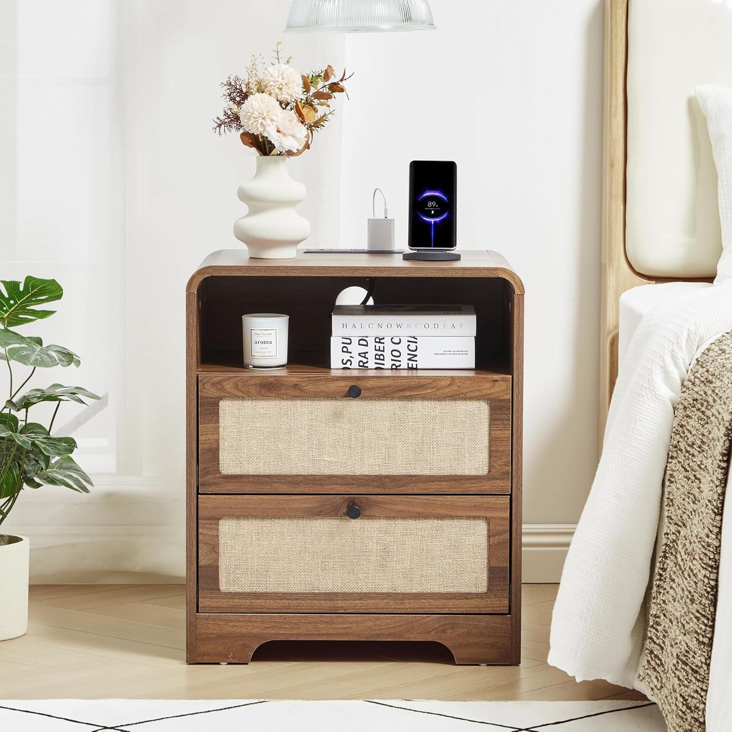 Modern Night Stand with Charging Station and 2 Drawers, Wooden Side Table Curved Nightstands with USB/Type-C Ports, Large Mid Century End Table for Living Room, Bedroom, Nature Linen, Walnut