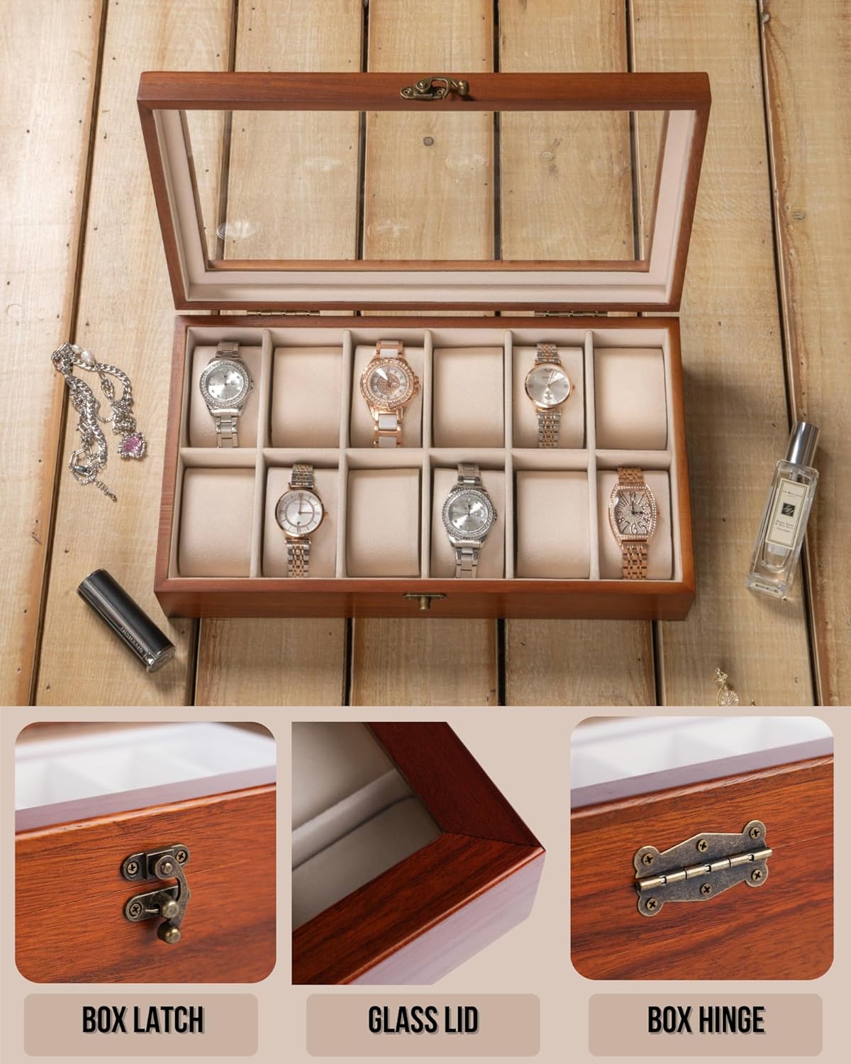 Watch Box, Watch Case for Men Women with Large Glass Lid, Wooden Watch Display Storage Box with 12 - Slots, Classic Walnut Mens Watch Box Organizer