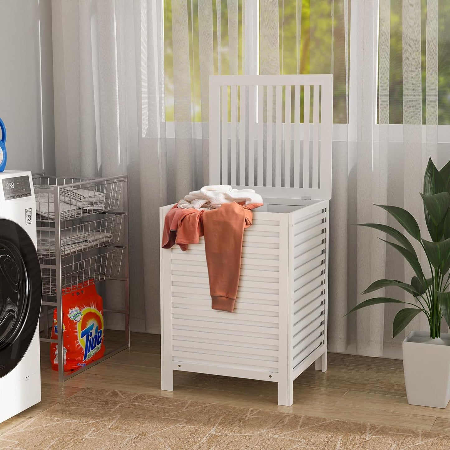 VASMIA Laundry Hamper with Lid, 90L Bamboo Large Laundry Basket with Removable Bag,Dirty Clothes Hamper for Bedroom Bathroom White