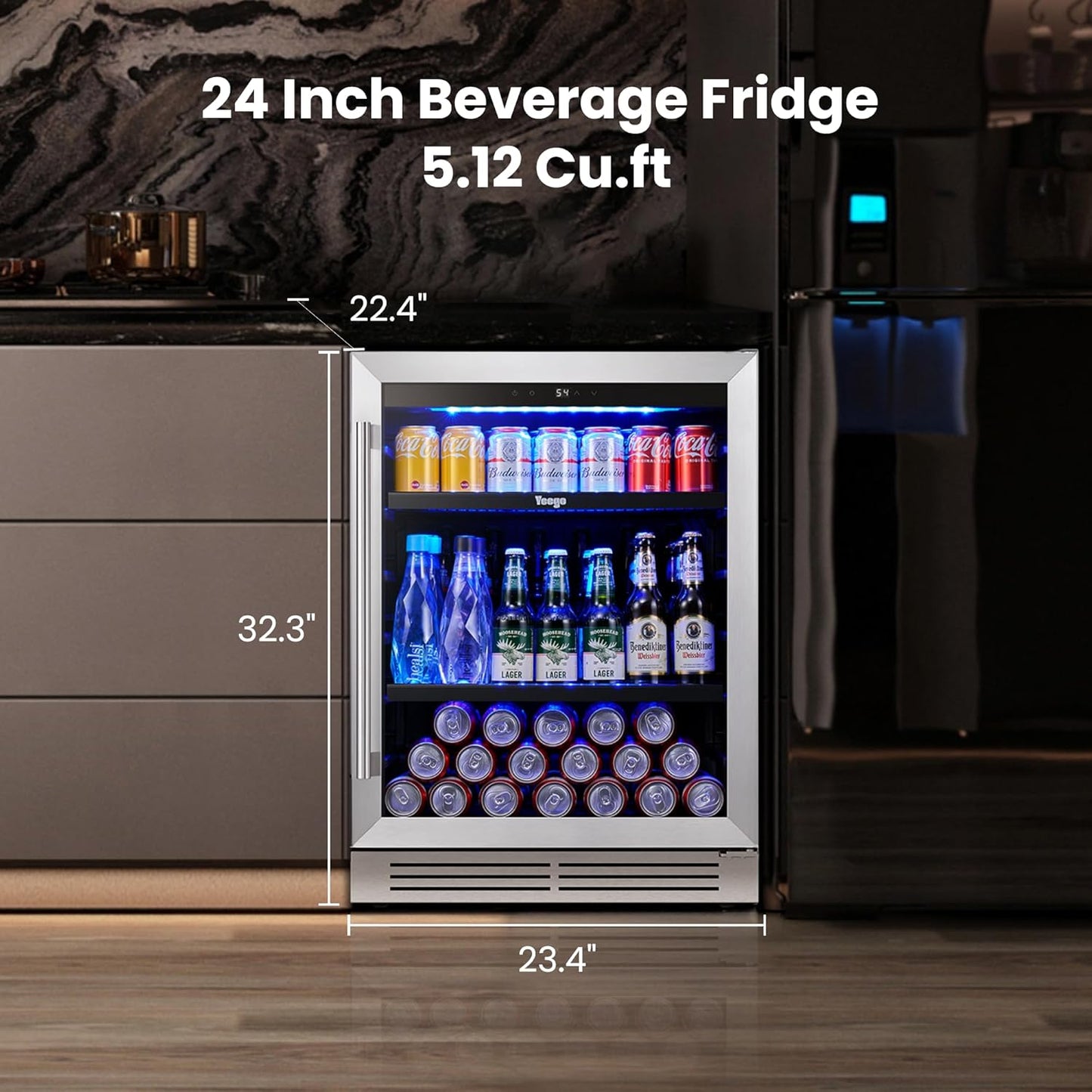 Yeego Beverage Refrigerator Cooler - 24 inch 180 Cans Mini Fridge with Glass Door, 34-54 ℉ Under Counter Refrigerator Built-in for Wine Beer Soda for Bar Bedroom Office