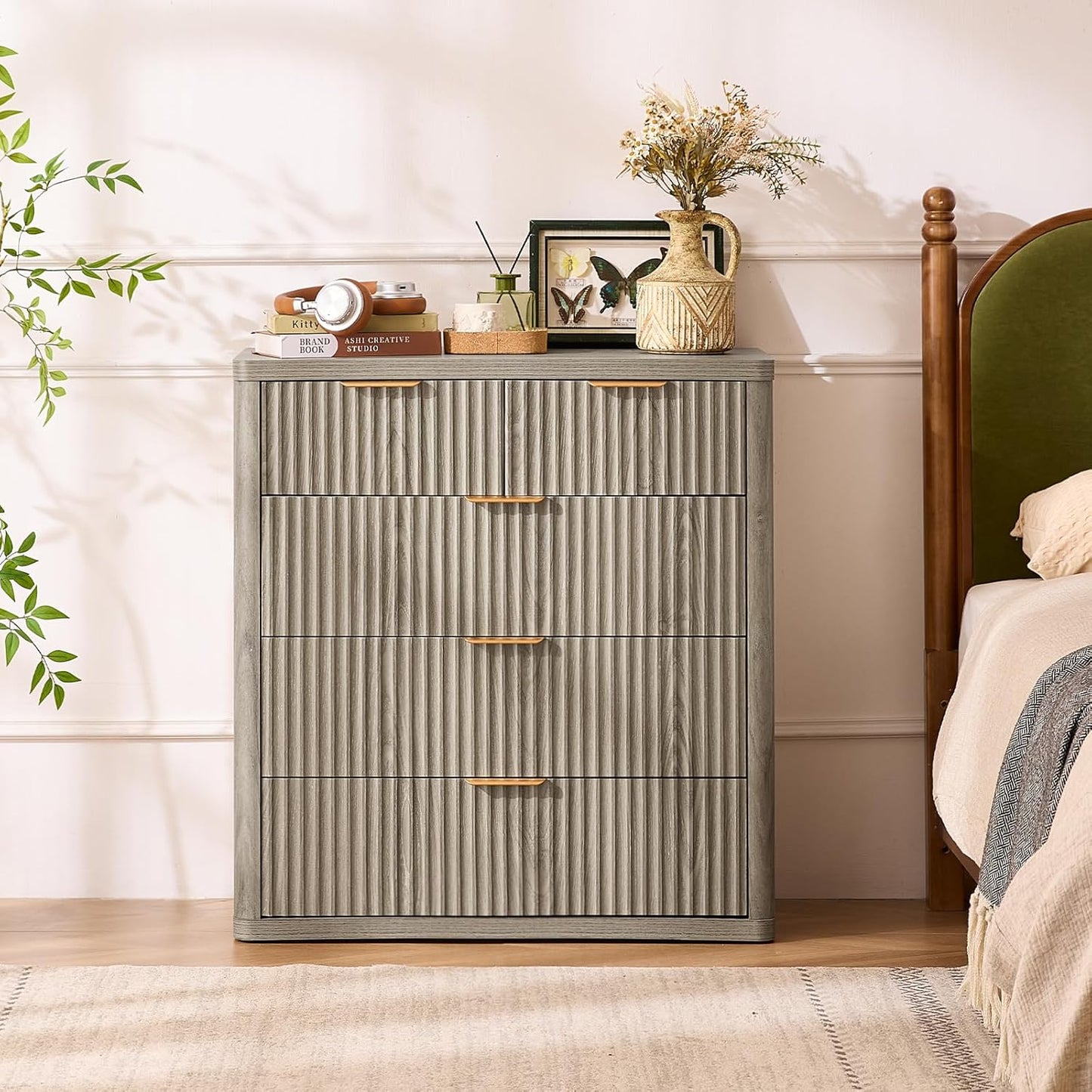 LEYAOYAO Fluted 5 Drawers Dresser for Bedroom Set of 2, 34" Tall Modern Chest of Drawers with Metal Handle, Curved Profile Design,Grey Wood Drawer Organizer for Bedroom, Living Room, Hallway