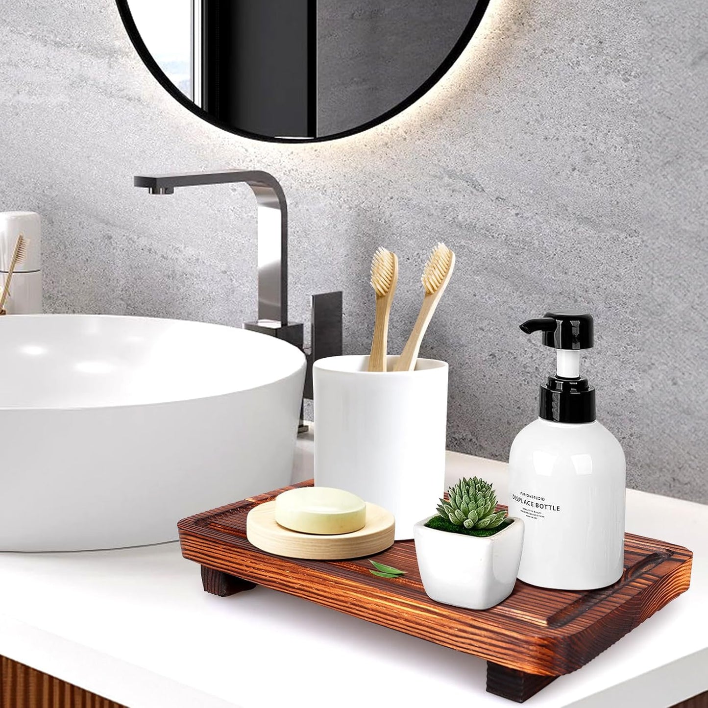 Farmhouse Bathroom Counter Tray Wood Risers Display Stands Kitchen Countertop Trays Decorative Wooden Pedestal Stand Dish Soap Dispenser Holder for Bathroom Sink Accessories Kitchen Decor Vanity Tray