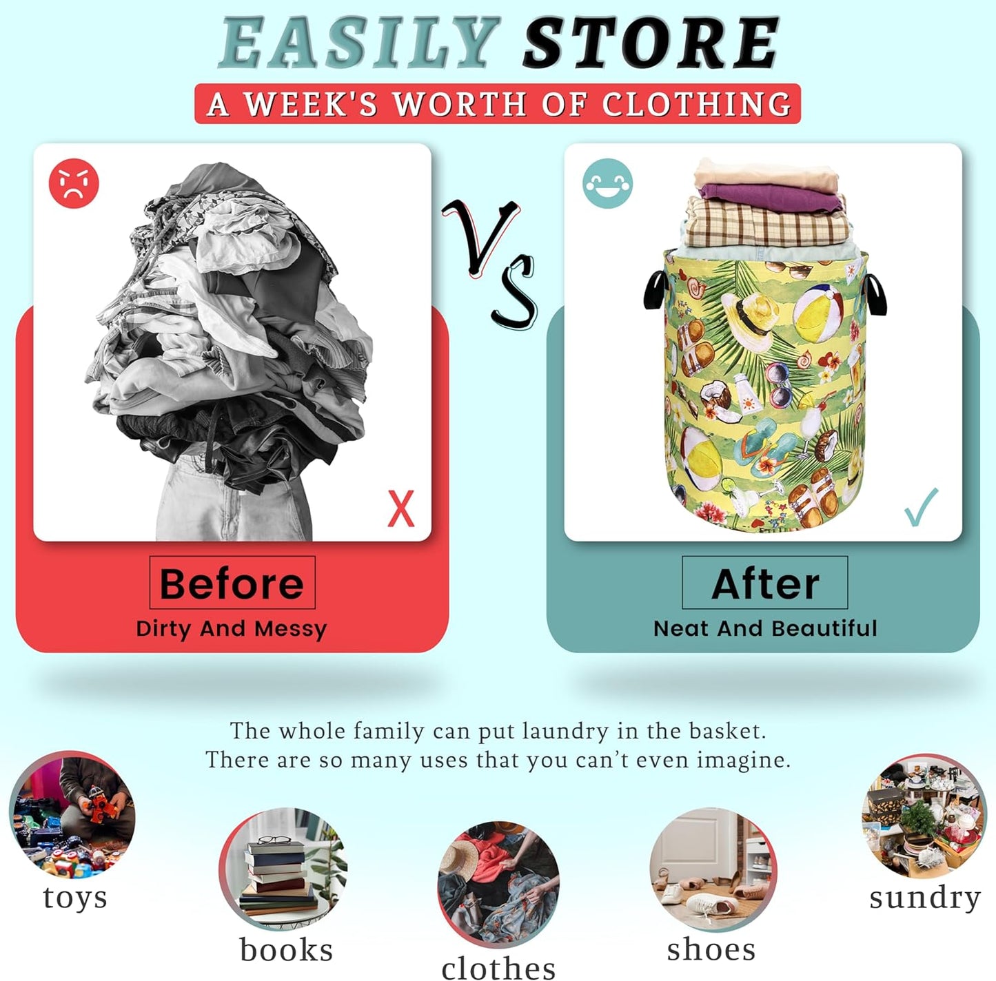 Happy Summer Time Laundry Hamper With Handles Foldable Oxford Cloth Tote Bag Colorful Hawaii Beach Funny Laundry Basket Clothe Toy Storage Bucket 18.9"x16.5"For Bathroom/Laundry/Bedroom