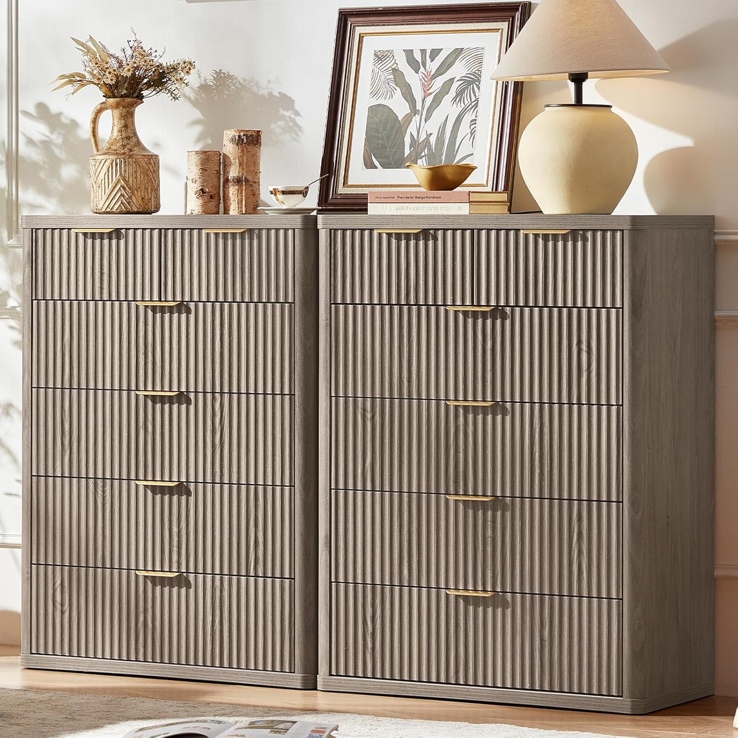 LEYAOYAO Fluted 6 Drawers Dresser for Bedroom Set of 2, 42" Tall Modern Chest of Drawers with Metal Handle, Curved Profile Design,Grey Wood Drawer Organizer for Bedroom, Living Room, Hallway