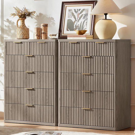 LEYAOYAO Fluted 6 Drawers Dresser for Bedroom Set of 2, 42" Tall Modern Chest of Drawers with Metal Handle, Curved Profile Design,Grey Wood Drawer Organizer for Bedroom, Living Room, Hallway