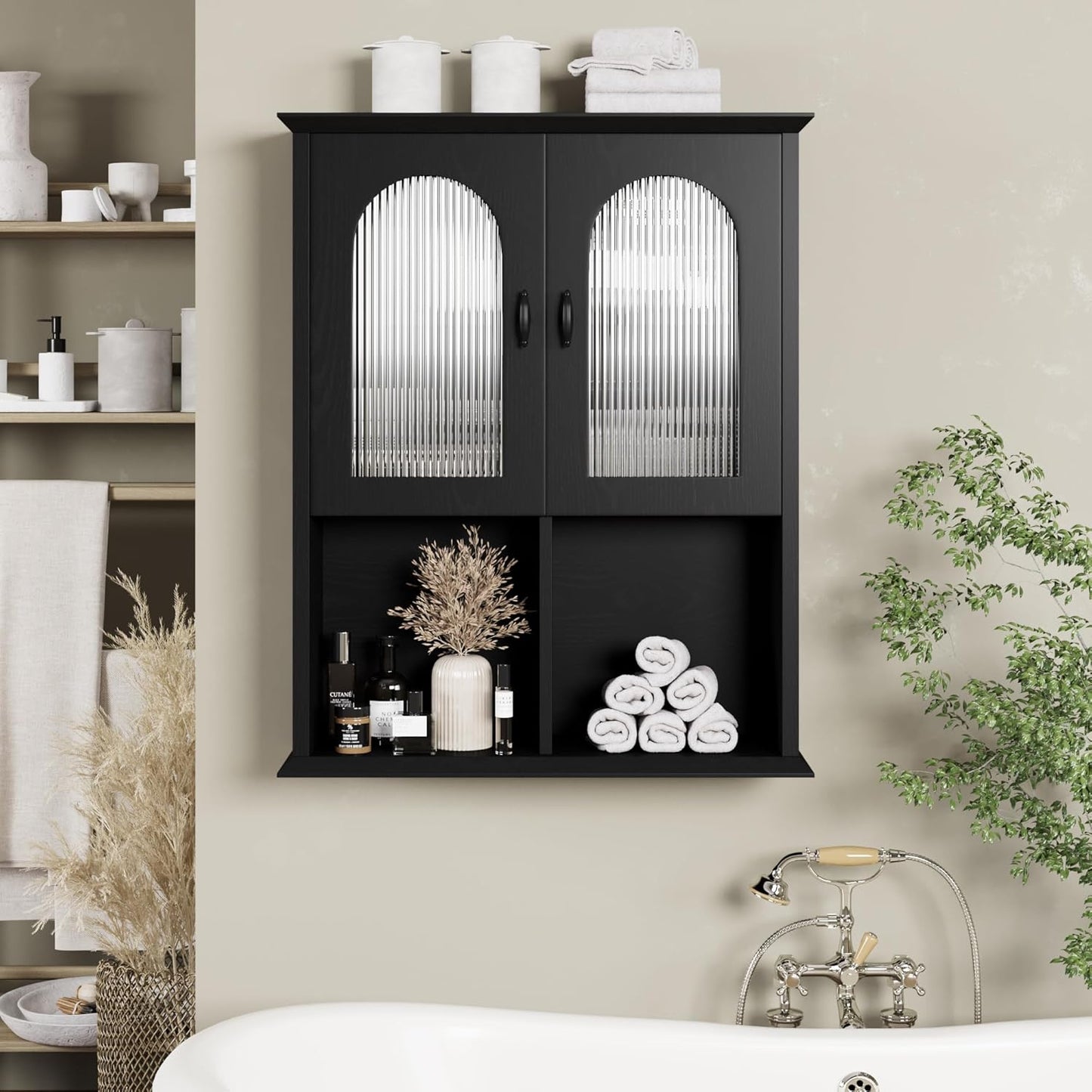 CJL Bathroom Wall Cabinet with Fluted Door, 23.6'' x 29.5'' Medicine Cabinet, Over The Toilet Storage Cabinet, Black