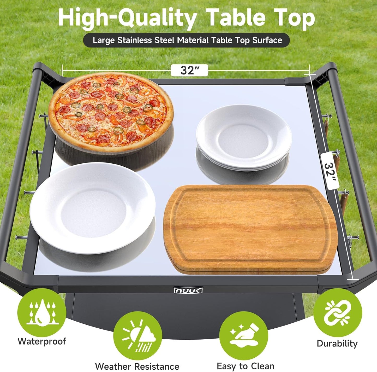 NUUK Grill Cart 32" x 32" Stainless Steel Pizza Oven Table with Double-Shelf Rolling Kitchen Island Cooking Station, Indoor & Outdoor Food Prep Cart