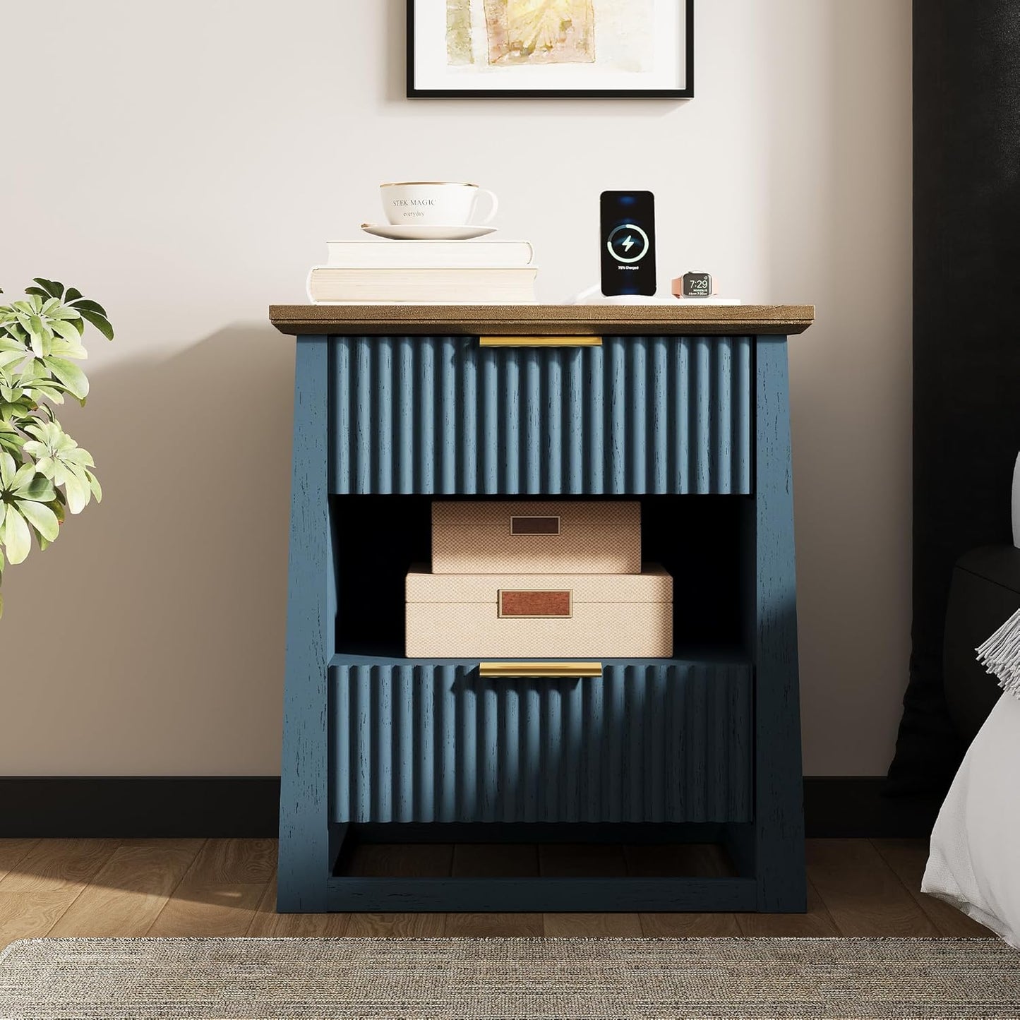 HIFYOBRO Fluted Nightstands with Charging Station & Motion Sensor Light, Modern Bedside Tables with 2 Drawers and Storage Shelf for Bedroom, Living Room,Blue