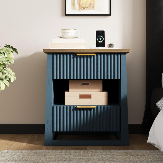 HIFYOBRO Fluted Nightstands with Charging Station & Motion Sensor Light, Modern Bedside Tables with 2 Drawers and Storage Shelf for Bedroom, Living Room,Blue