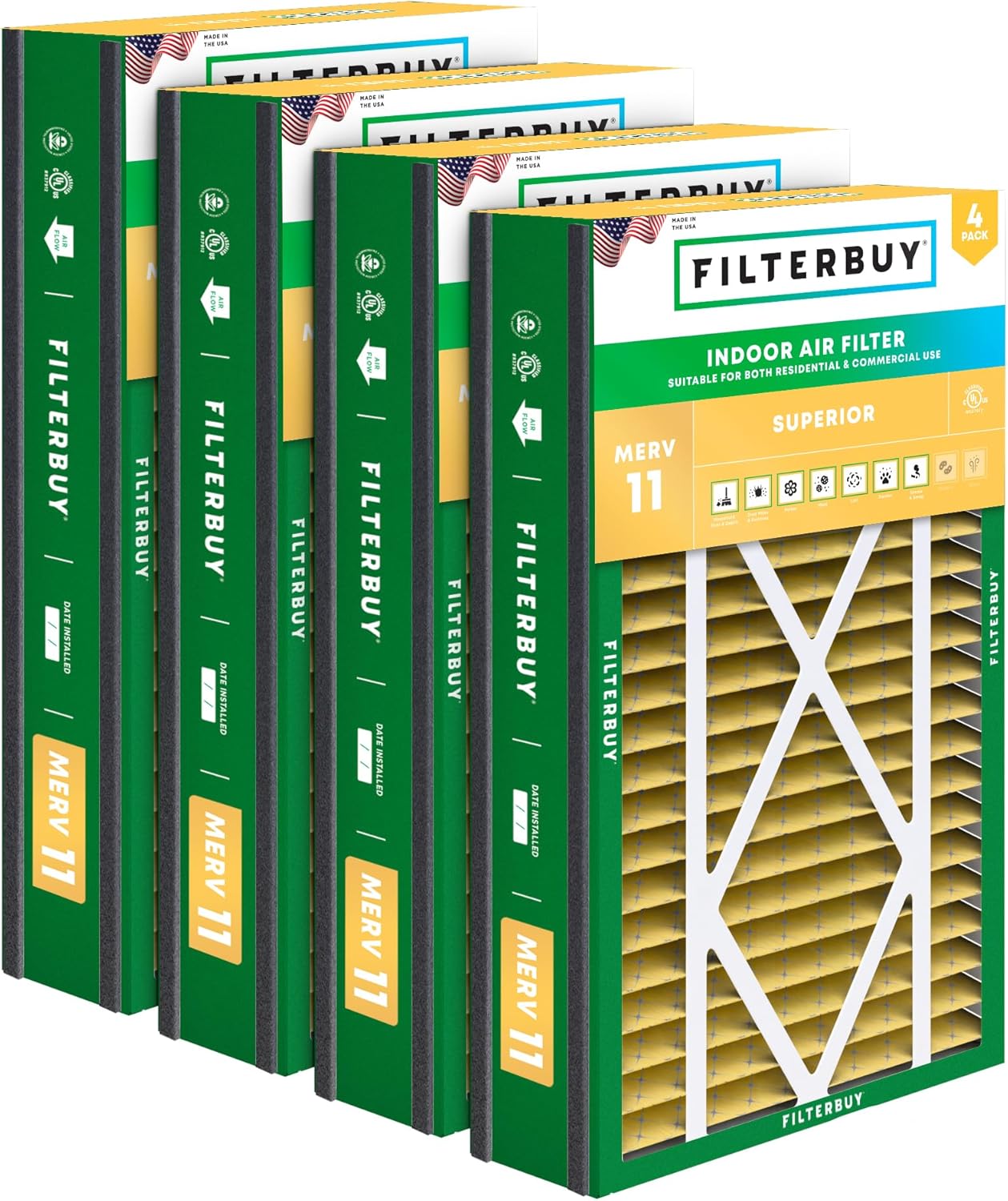 Filterbuy 16x25x3 Air Filter MERV 11 Superior Pet & Allergy Defense (4-Pack), Electrostatic Pleated HVAC AC Furnace Filters for Trion Air Bear, Lennox X0581 & More (Actual Size: 15.63 x 24.13 x 3.00)